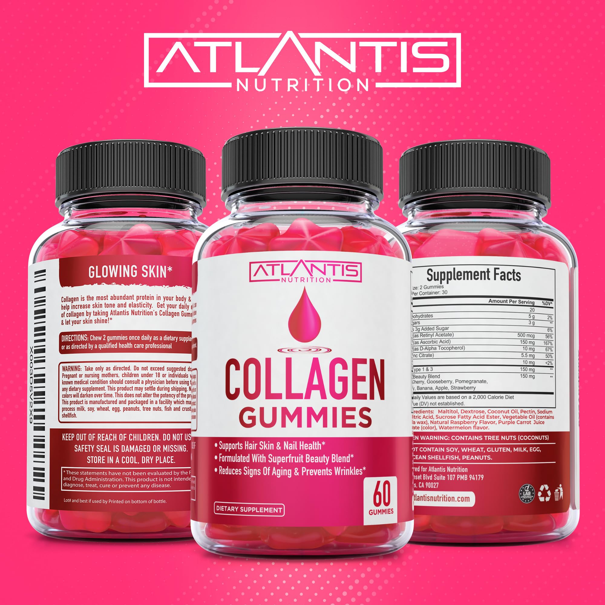 Atlantis Nutrition Collagen Gummies 200g displayed with fresh raspberries