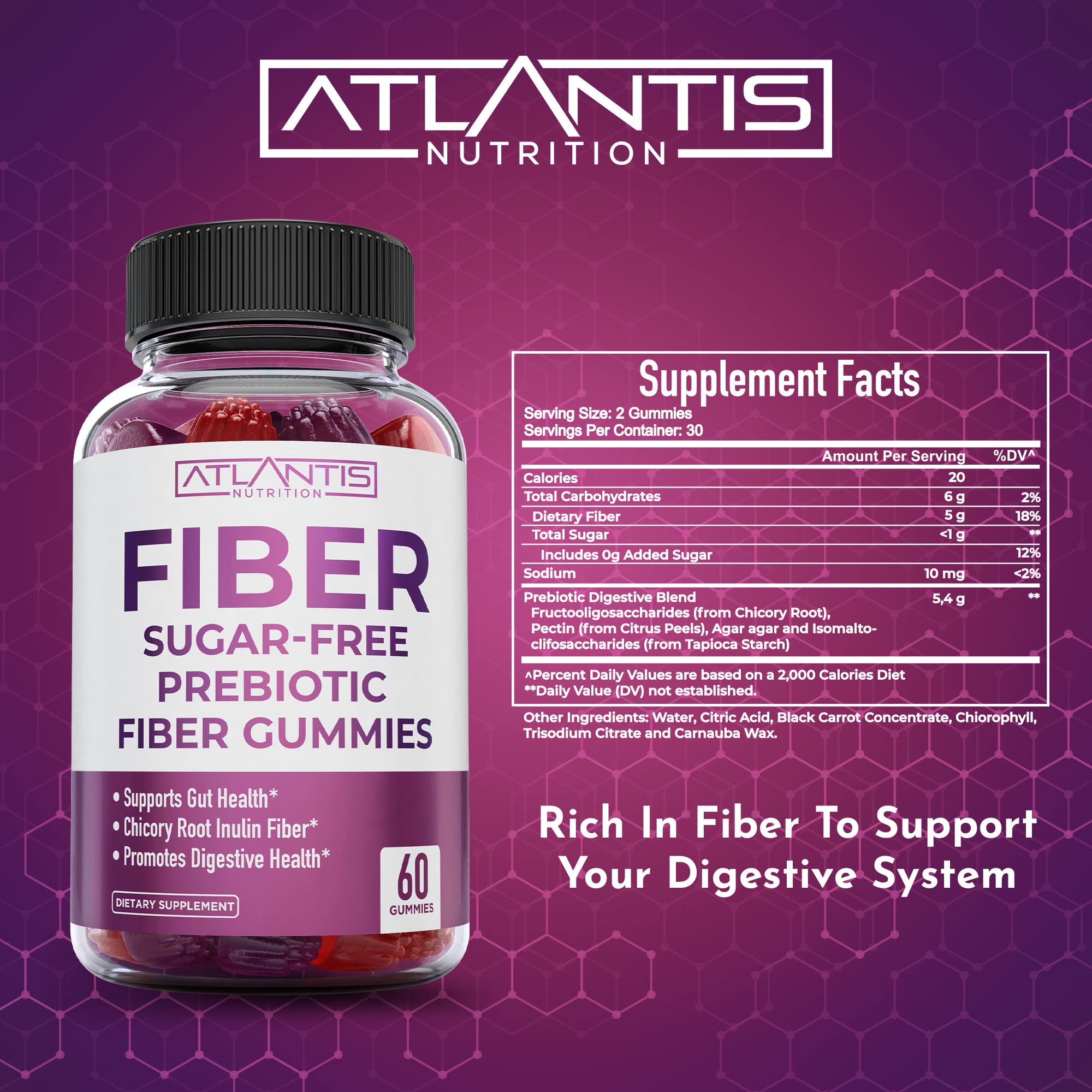 Atlantis Nutrition Fiber Gummies in a bowl, showcasing the product