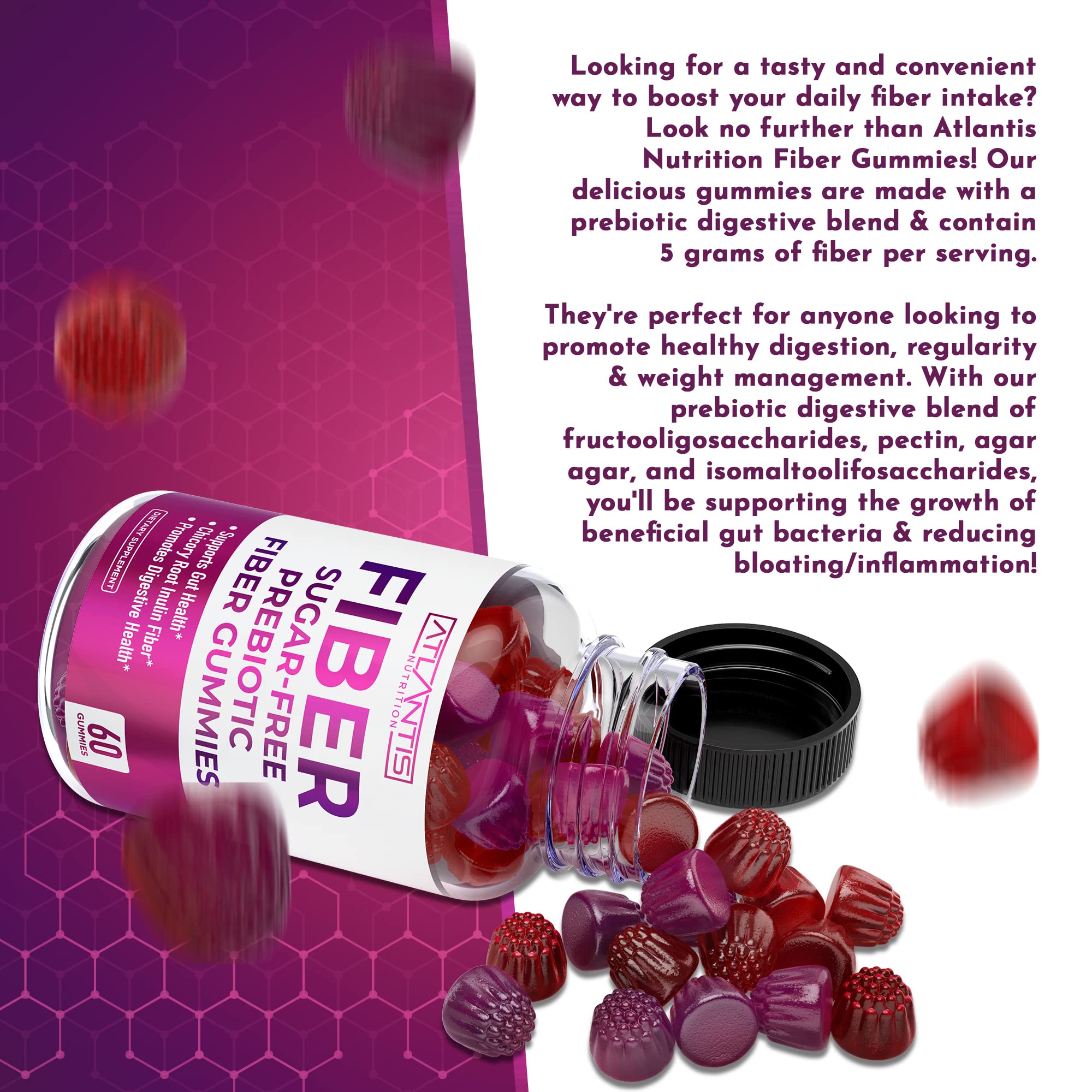 Atlantis Nutrition Fiber Gummies packaging on a kitchen counter