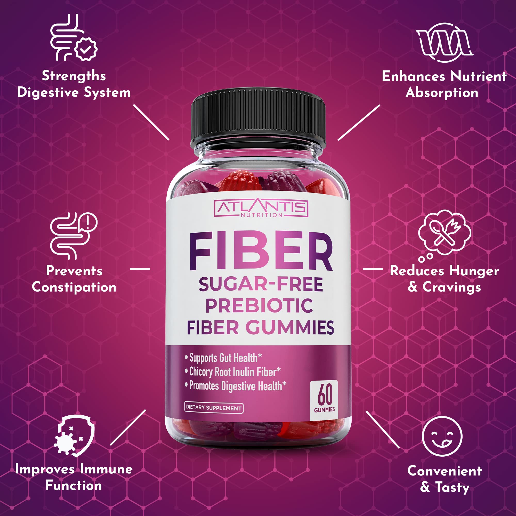 Atlantis Nutrition Fiber Gummies with fresh fruit background