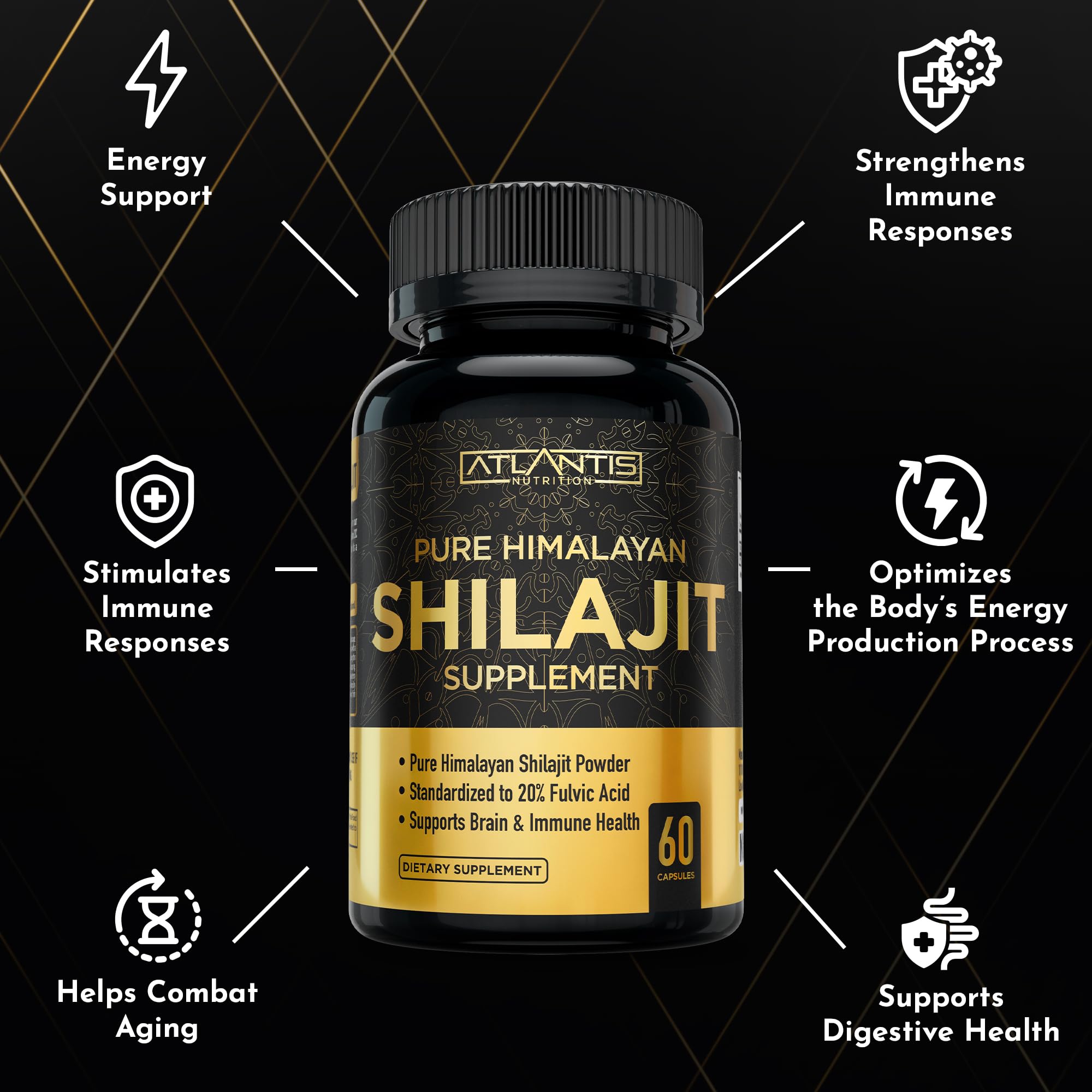 Atlantis Nutrition Shilajit Extract Capsules on a wooden table