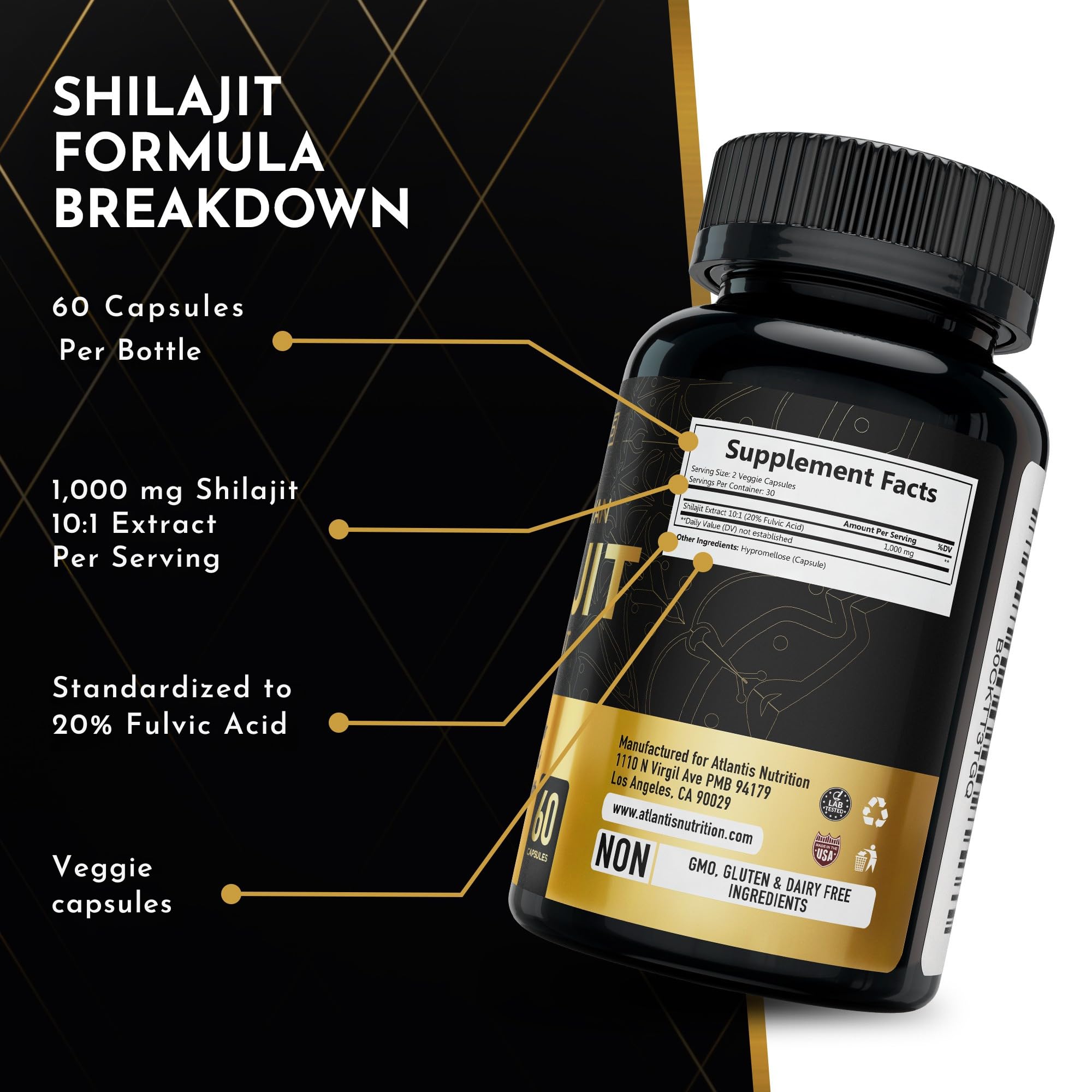 Atlantis Nutrition Shilajit Extract Capsules with measuring spoon