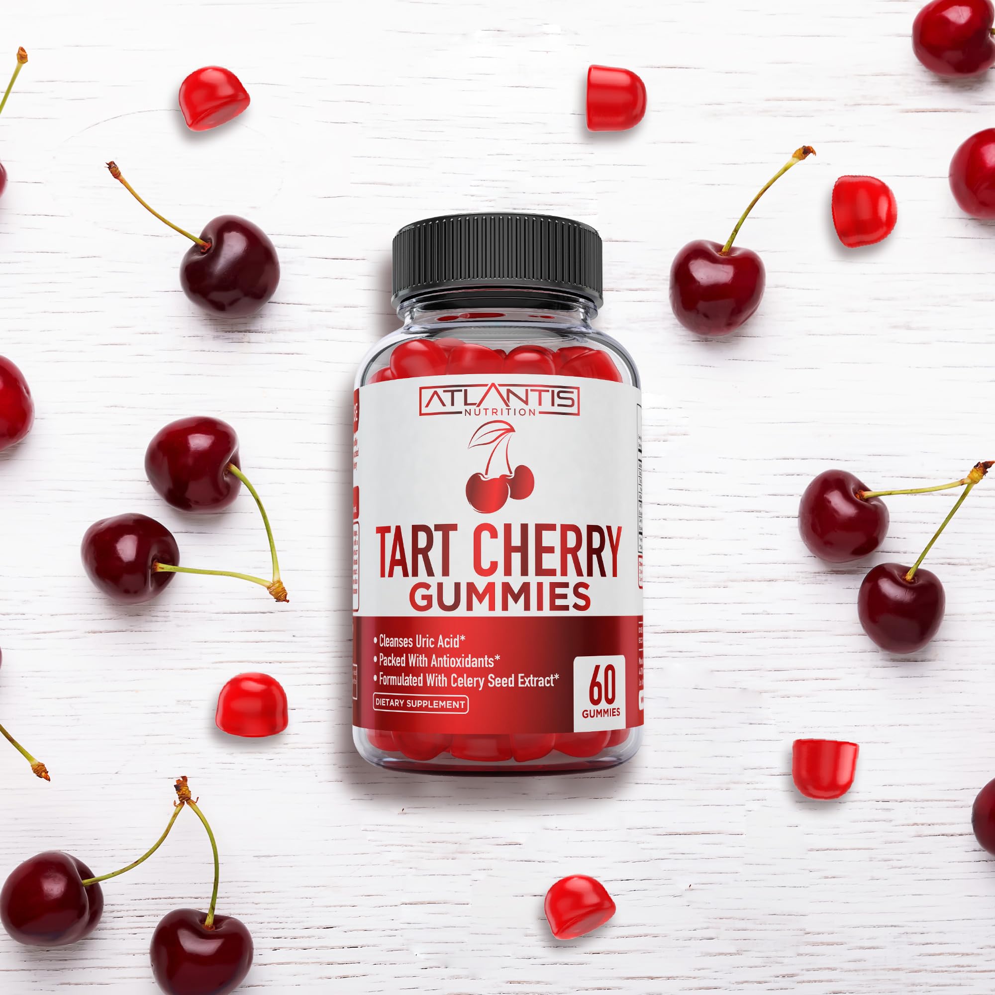 Atlantis Nutrition Tart Cherry Gummies with fresh cherries and celery