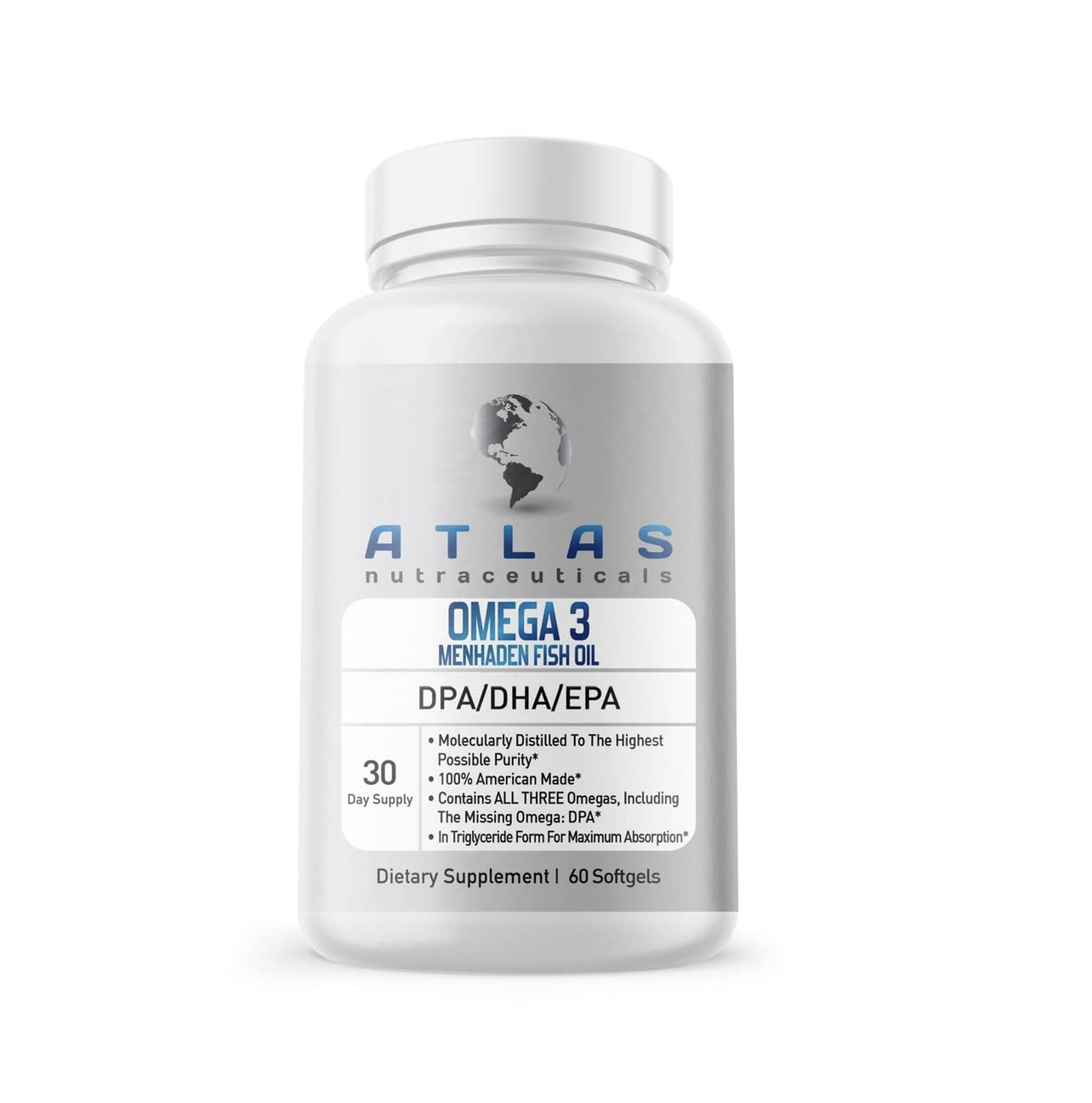 Atlas Nutraceuticals Omega 3 Fish Oil 2400mg softgels side view