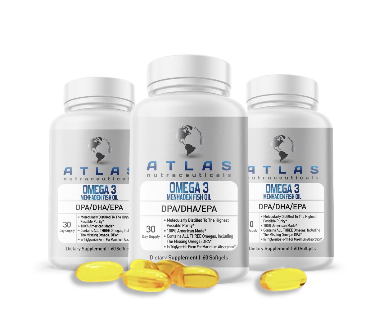 Atlas Nutraceuticals Omega 3 Fish Oil on a wooden table