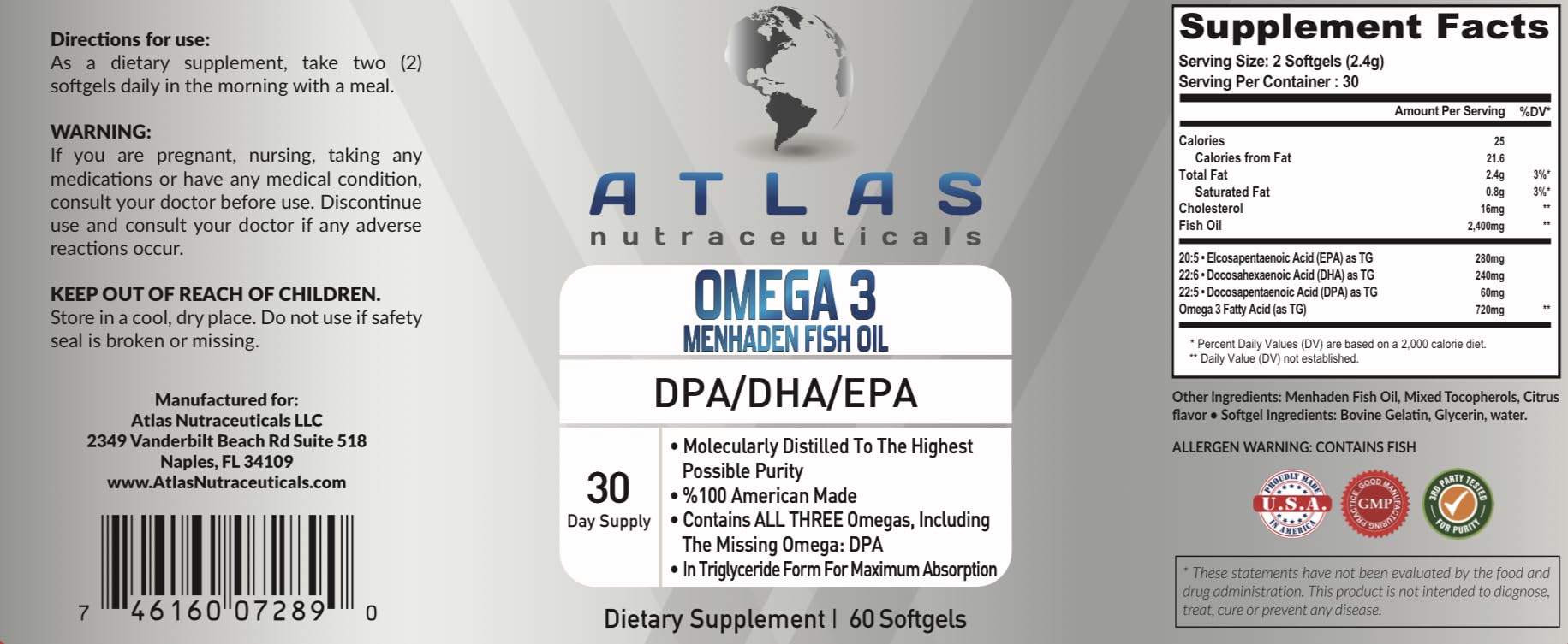 Atlas Nutraceuticals Omega 3 Fish Oil softgels in a health setting