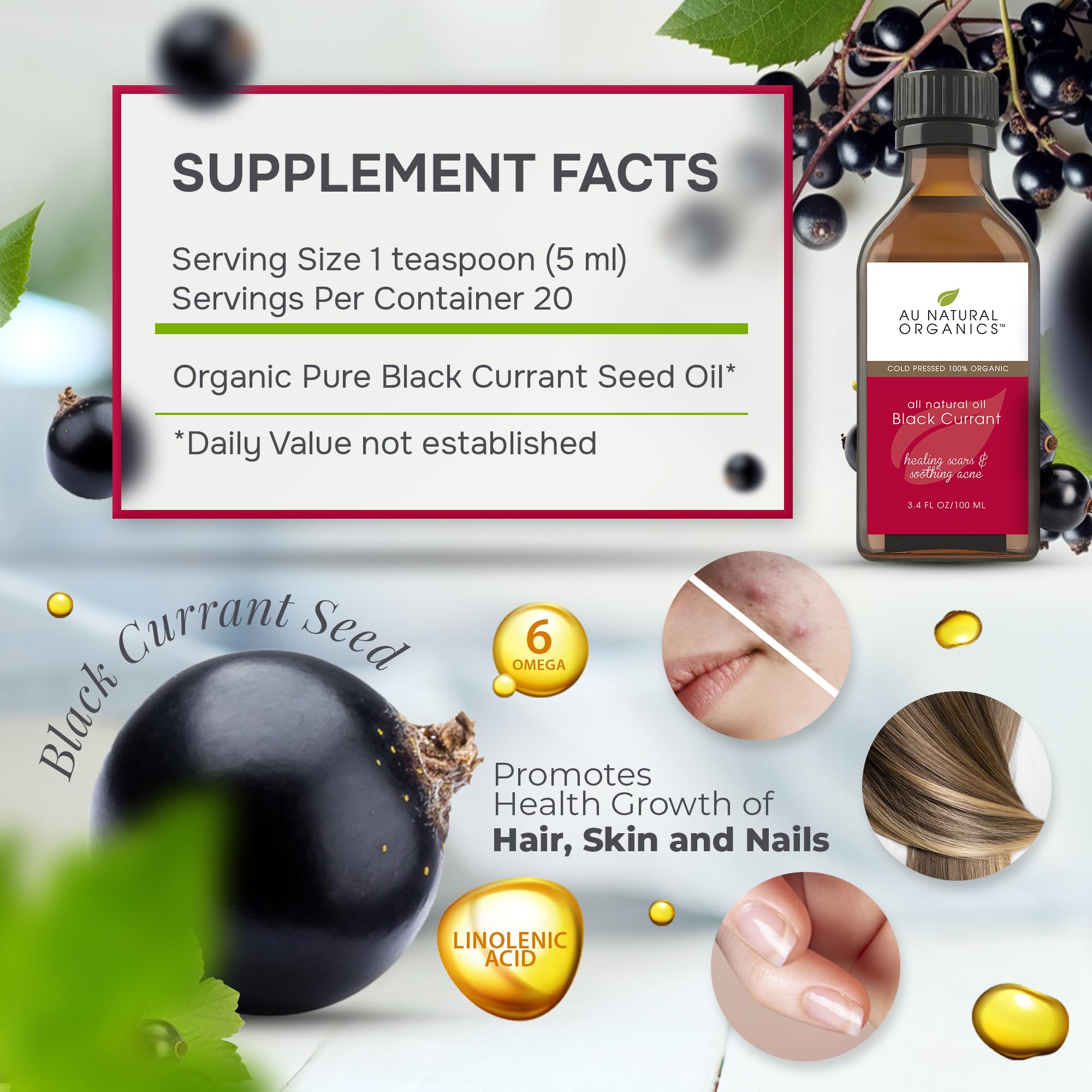 Au Natural Organics Black Currant Oil 96g with measuring spoon