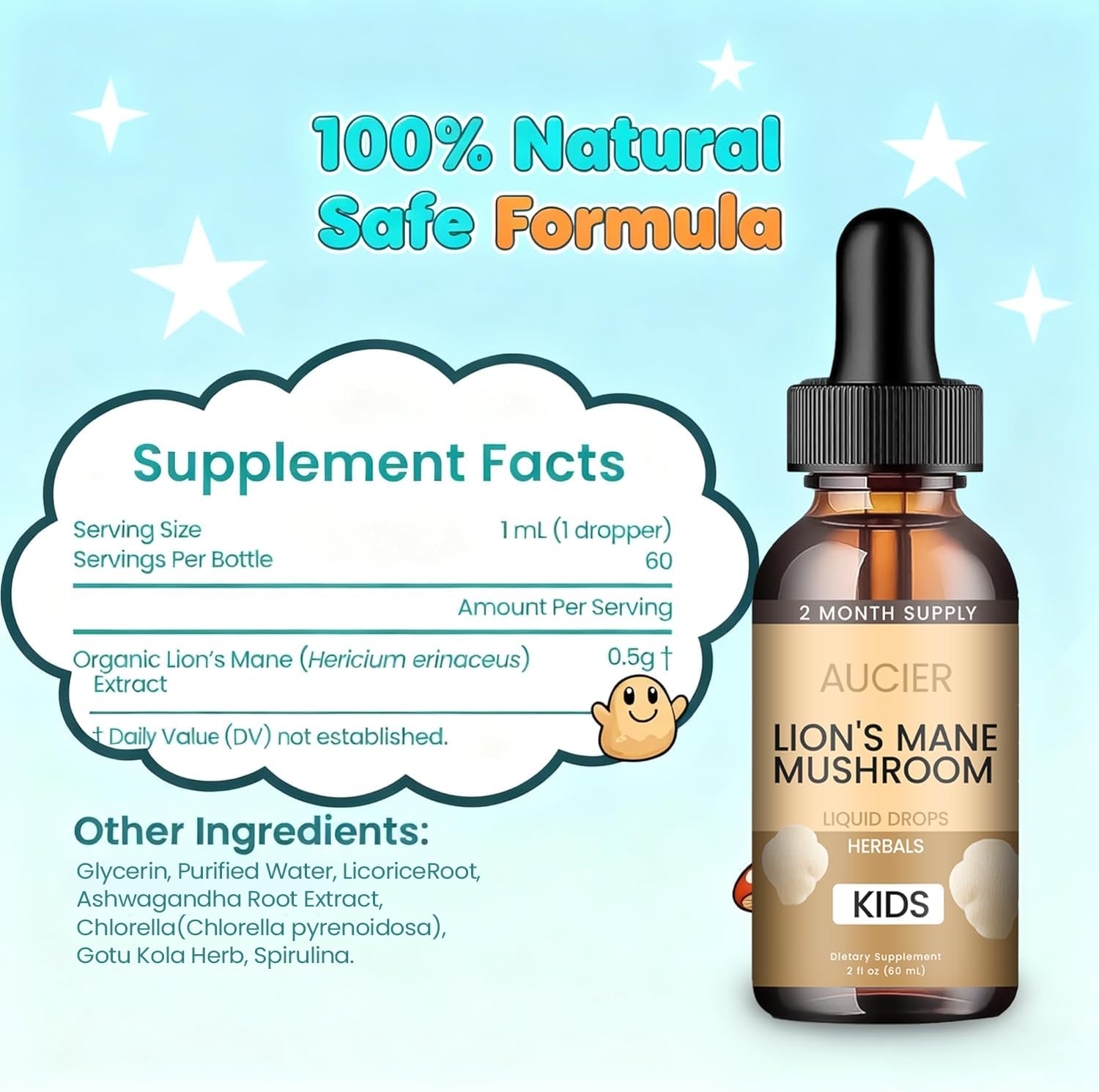 AUCIER Lion's Mane Mushroom Supplement for Kids bottle with juice and smoothie
