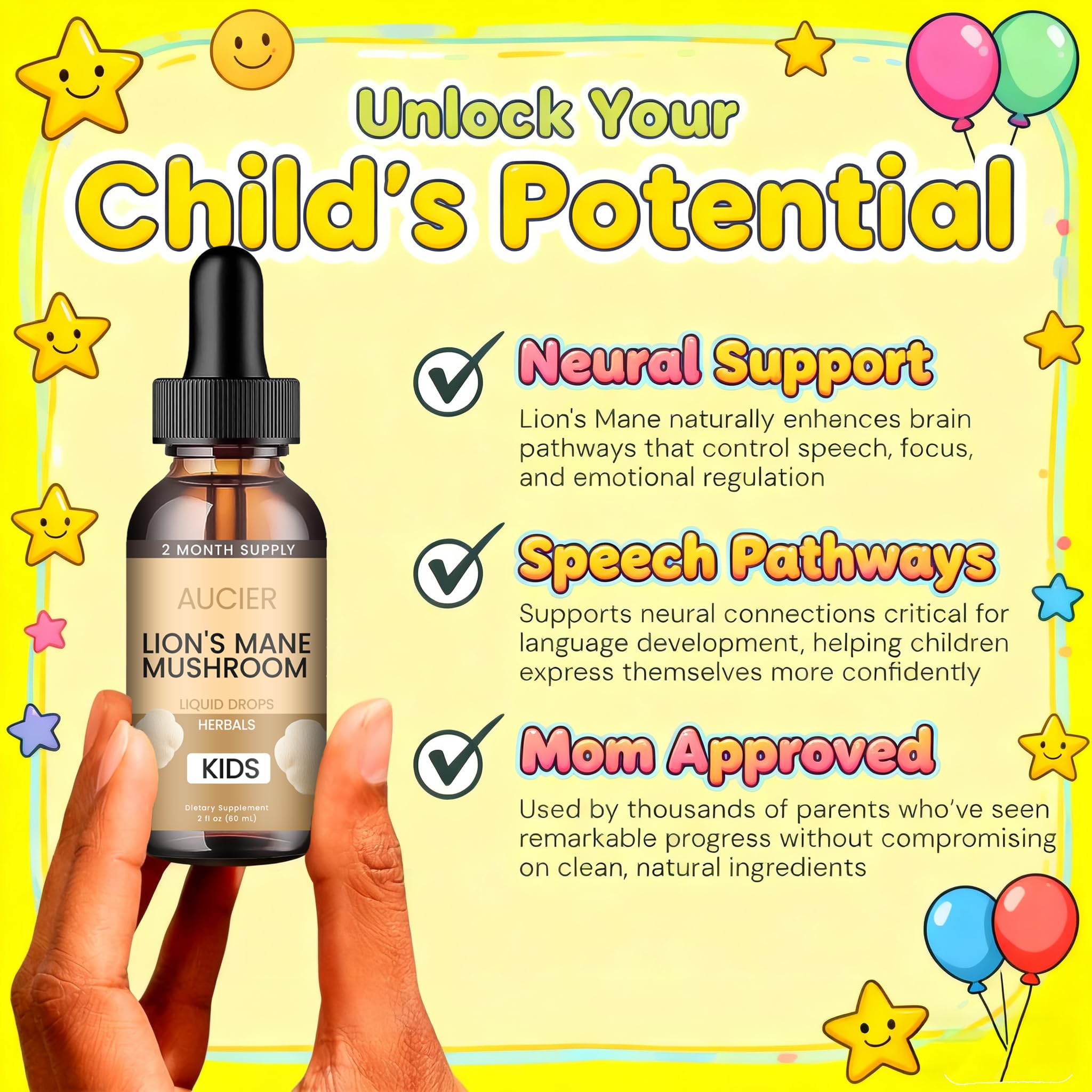 AUCIER Lion's Mane Mushroom Supplement for Kids dropper with liquid