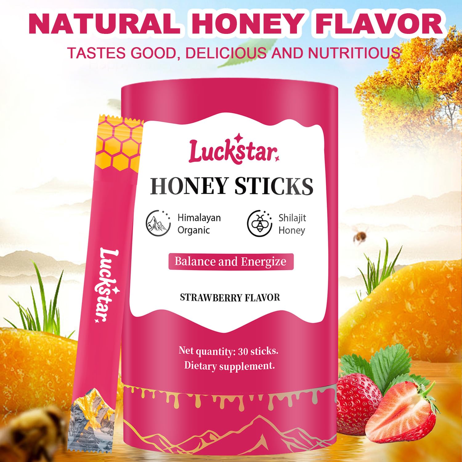 AUIXOPI Shilajit Strawberry Honey Sticks in a glass of water