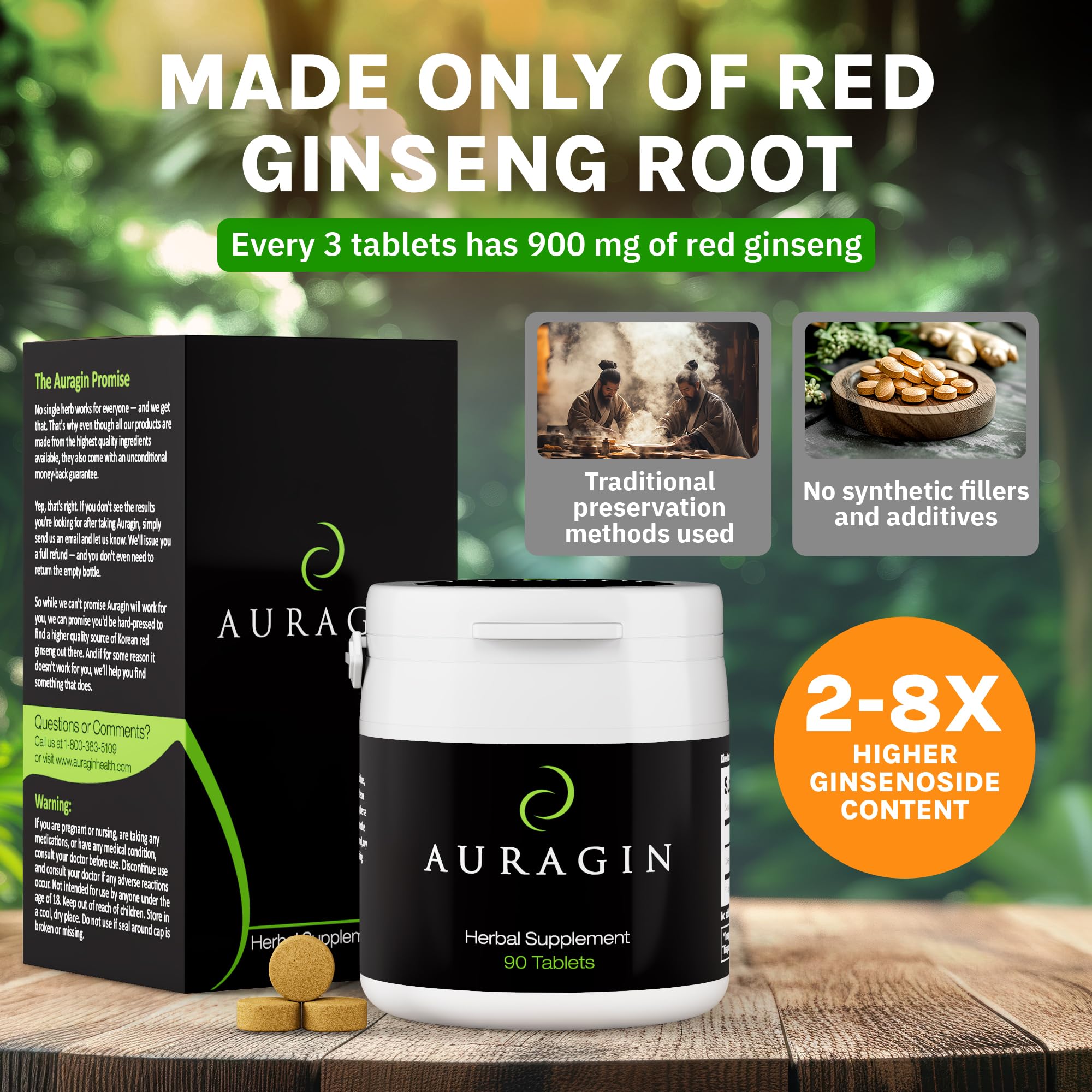 Auragin Korean Red Ginseng 27g displayed with other herbal supplements