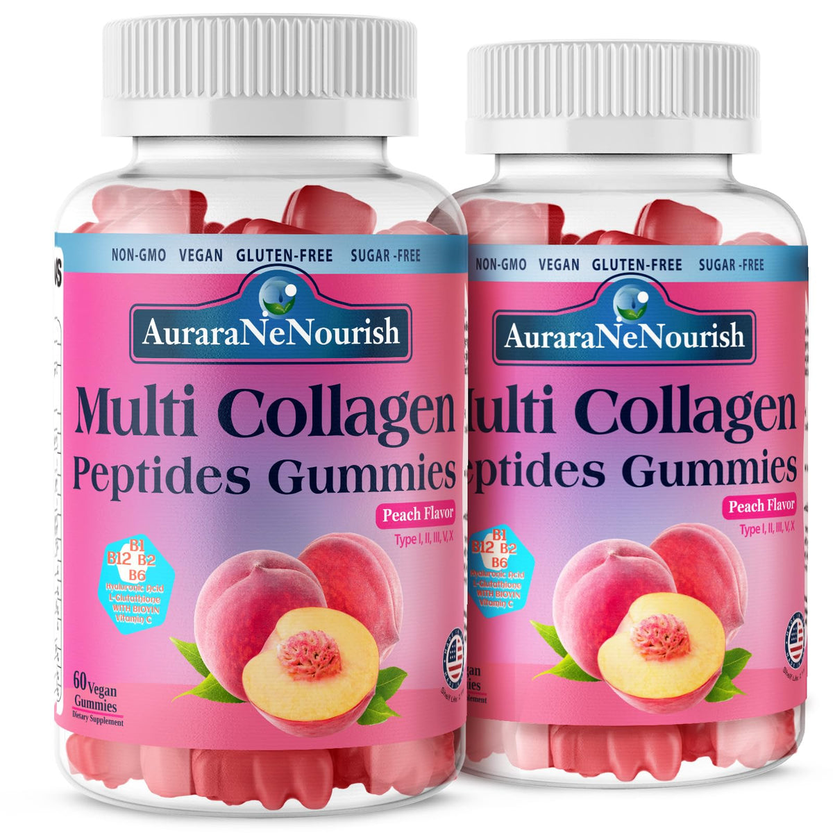 AuraraNeNourish Collagen Gummies 60-Ct peach flavour front view