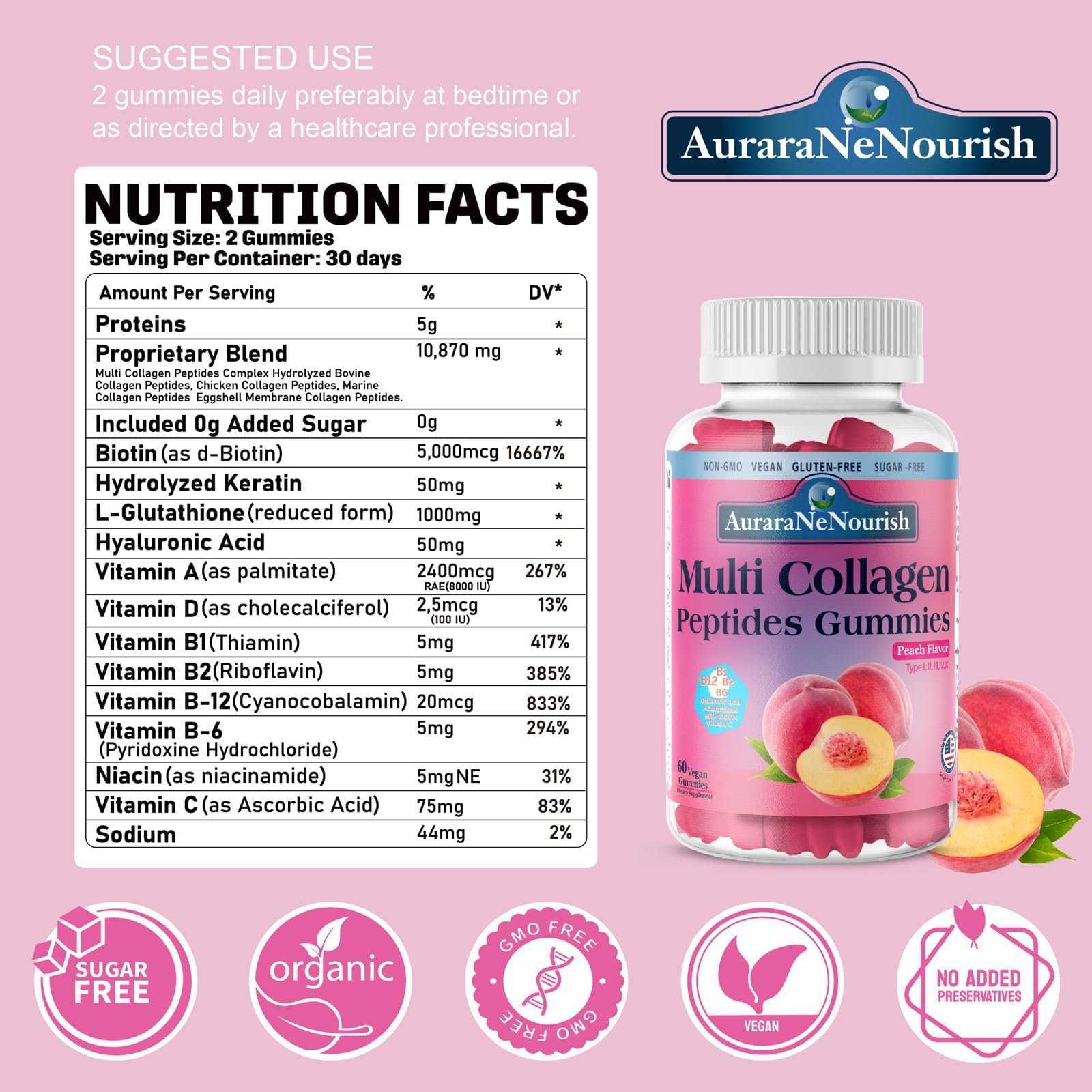 AuraraNeNourish Collagen Gummies packaging side view