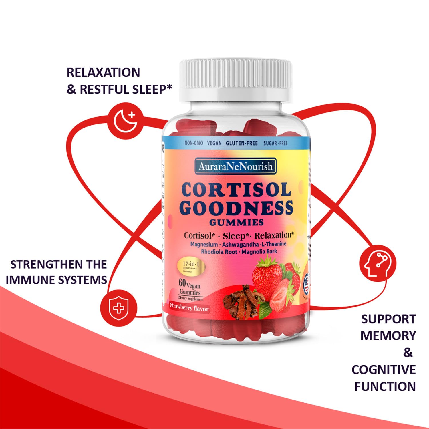 AuraraNeNourish Cortisol Supplements gummies in a bowl