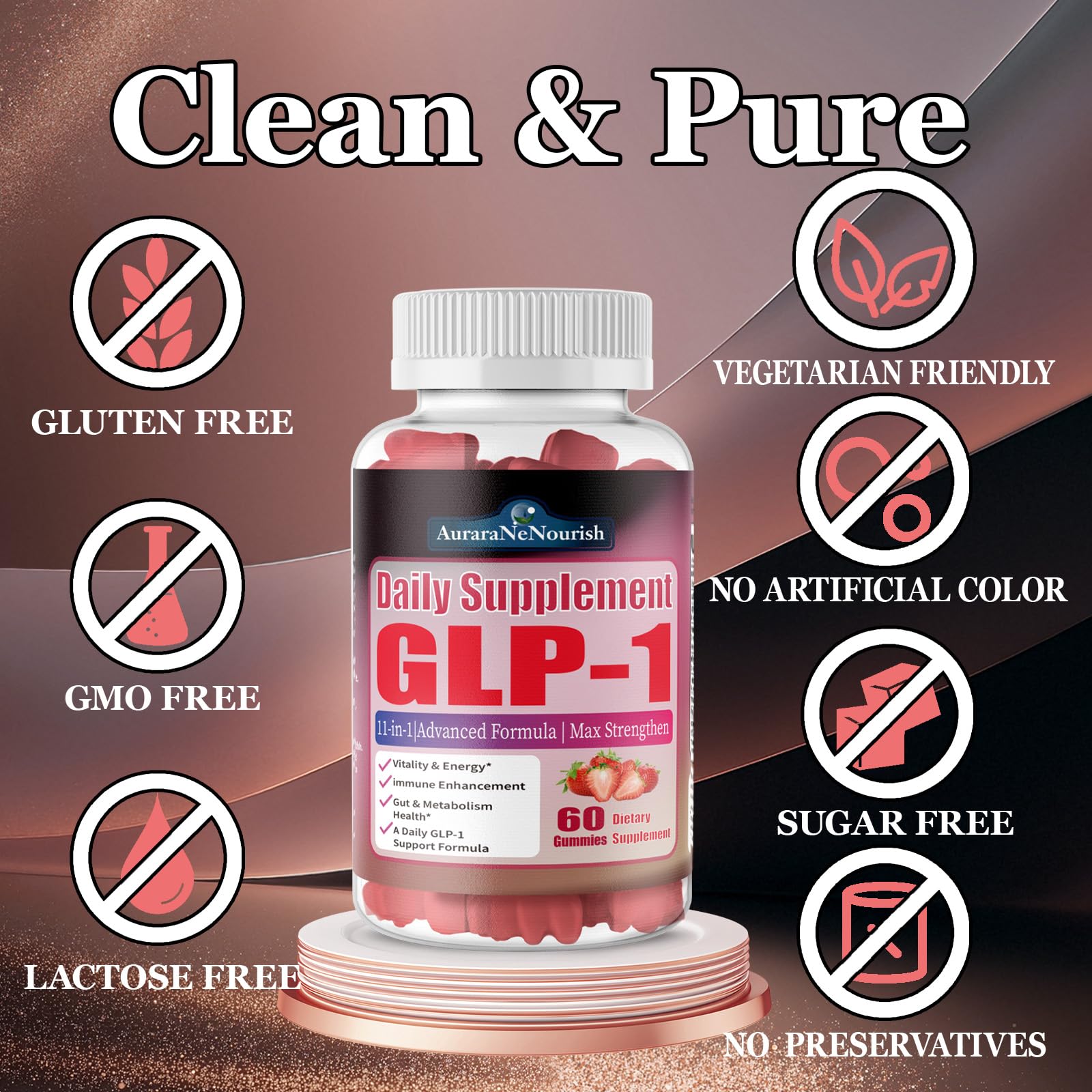 AuraraNeNourish GLP-1 Support Gummies on a wooden table