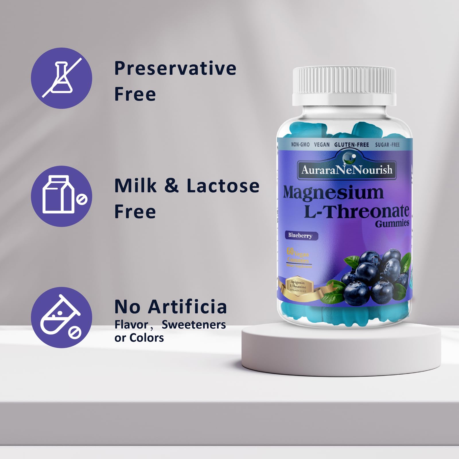 AuraraNeNourish Magnesium L-Threonate Gummies with fresh blueberries