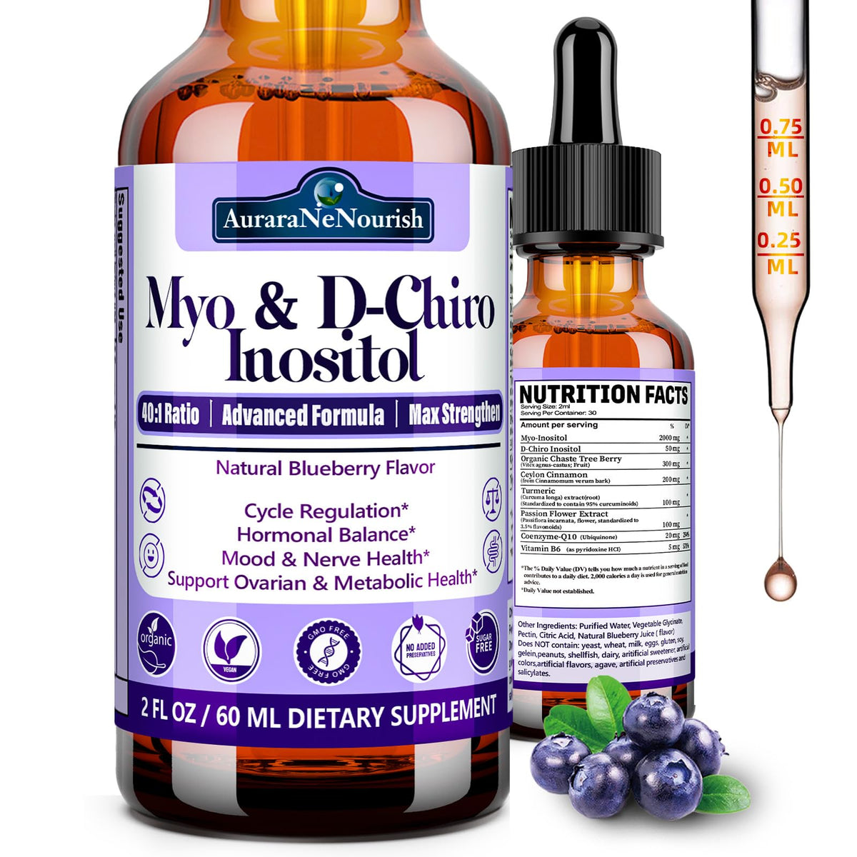 AuraraNeNourish Myo-Inositol & D-Chiro Inositol Supplement 60ml front view