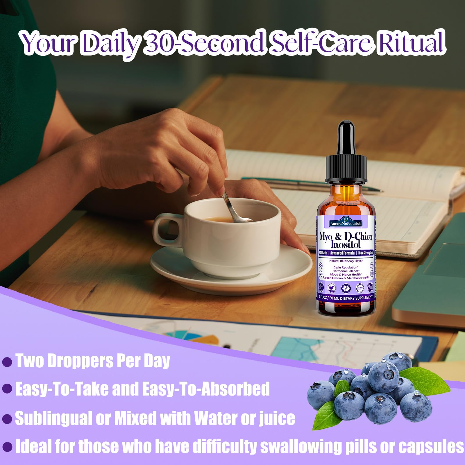 AuraraNeNourish Myo-Inositol & D-Chiro Inositol Supplement 60ml lifestyle scene
