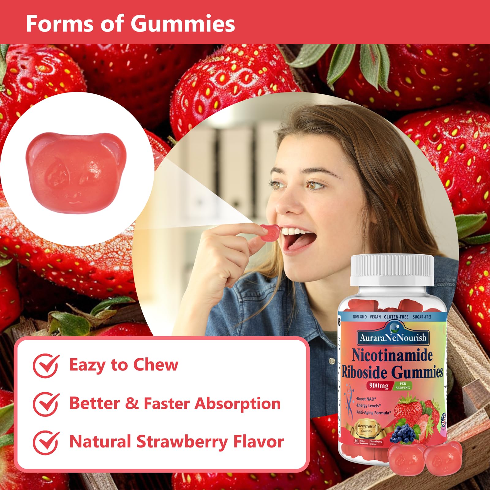 AuraraNeNourish NAD Nicotinamide Riboside Gummies on a kitchen counter