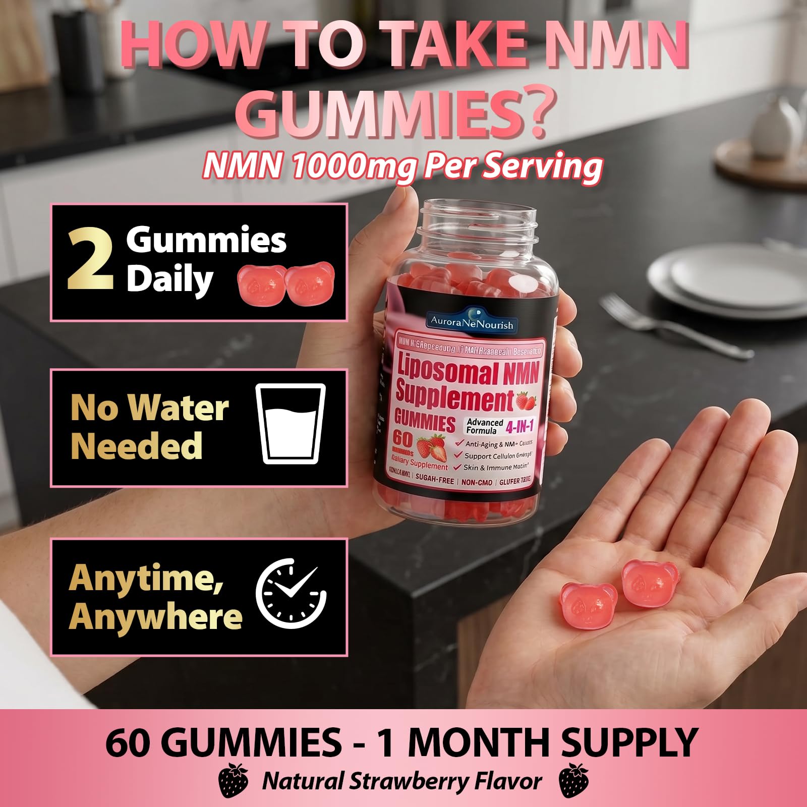 AuraraNeNourish NMN Supplement 1000mg gummies in a hand