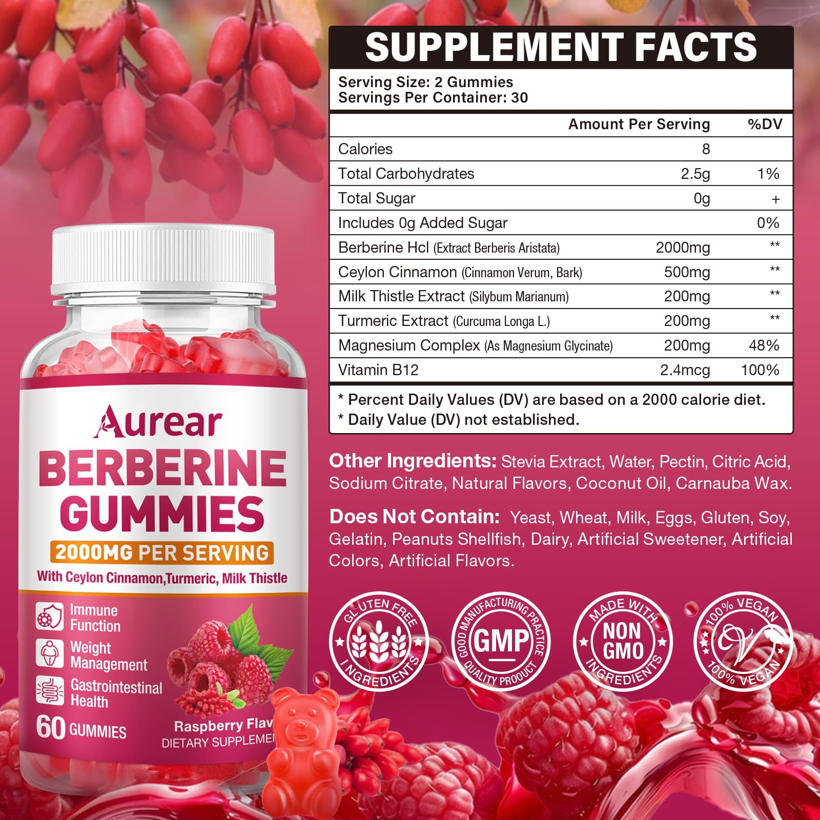 Aurear Berberine Gummies side view showing nutritional information