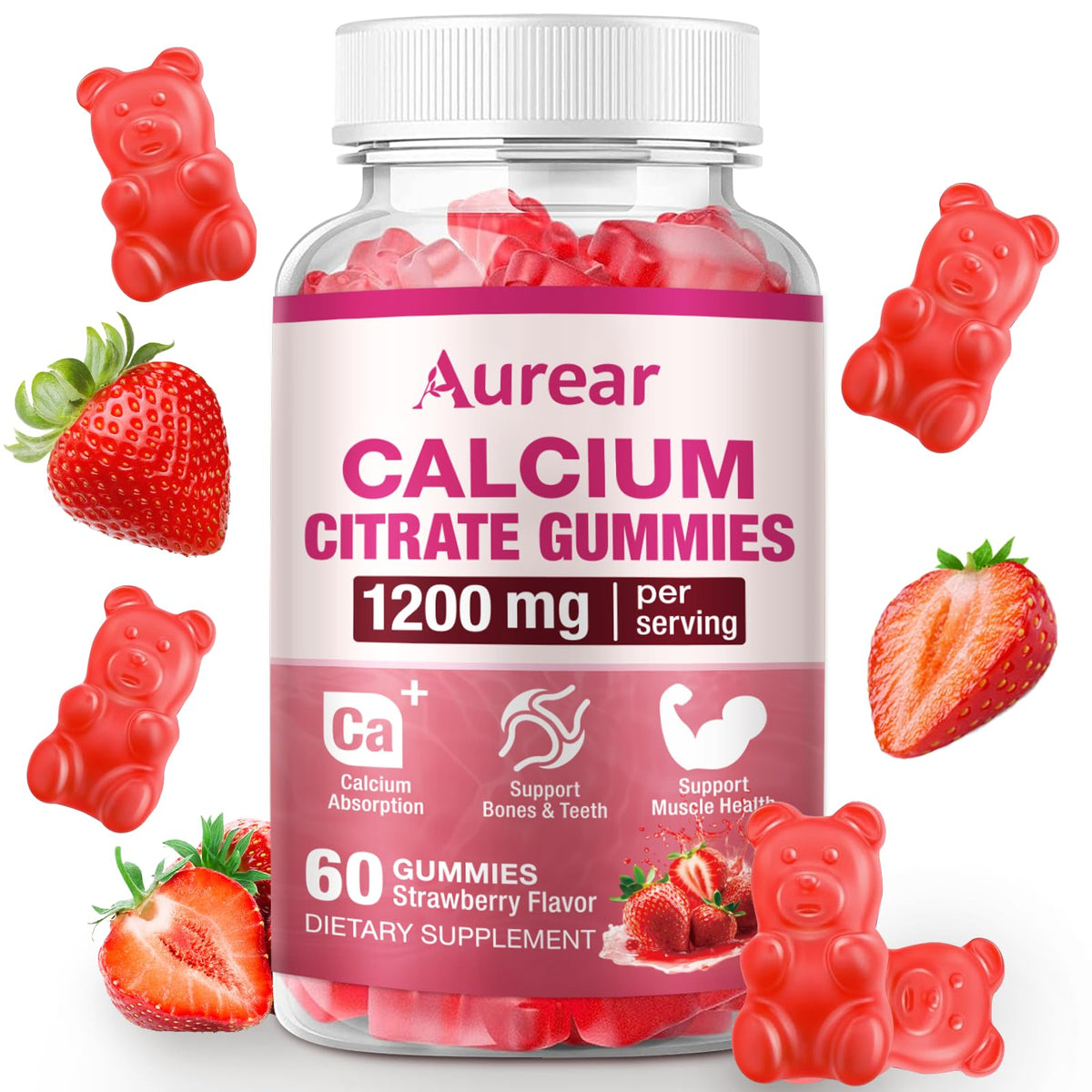 Aurear Calcium Citrate Gummies 1200mg strawberry flavour front view