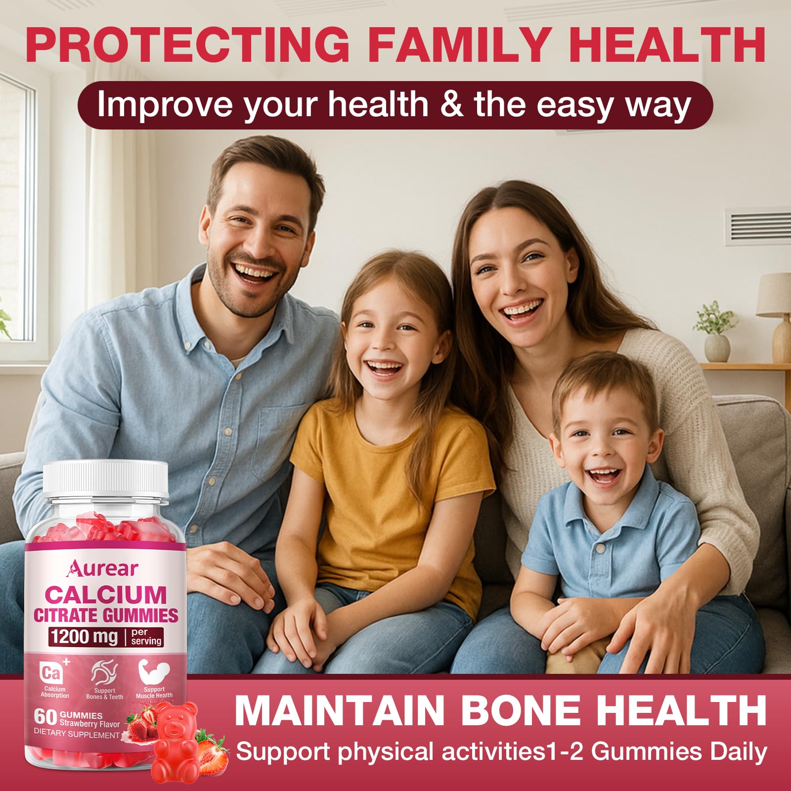 Aurear Calcium Citrate Gummies 1200mg with fresh strawberries