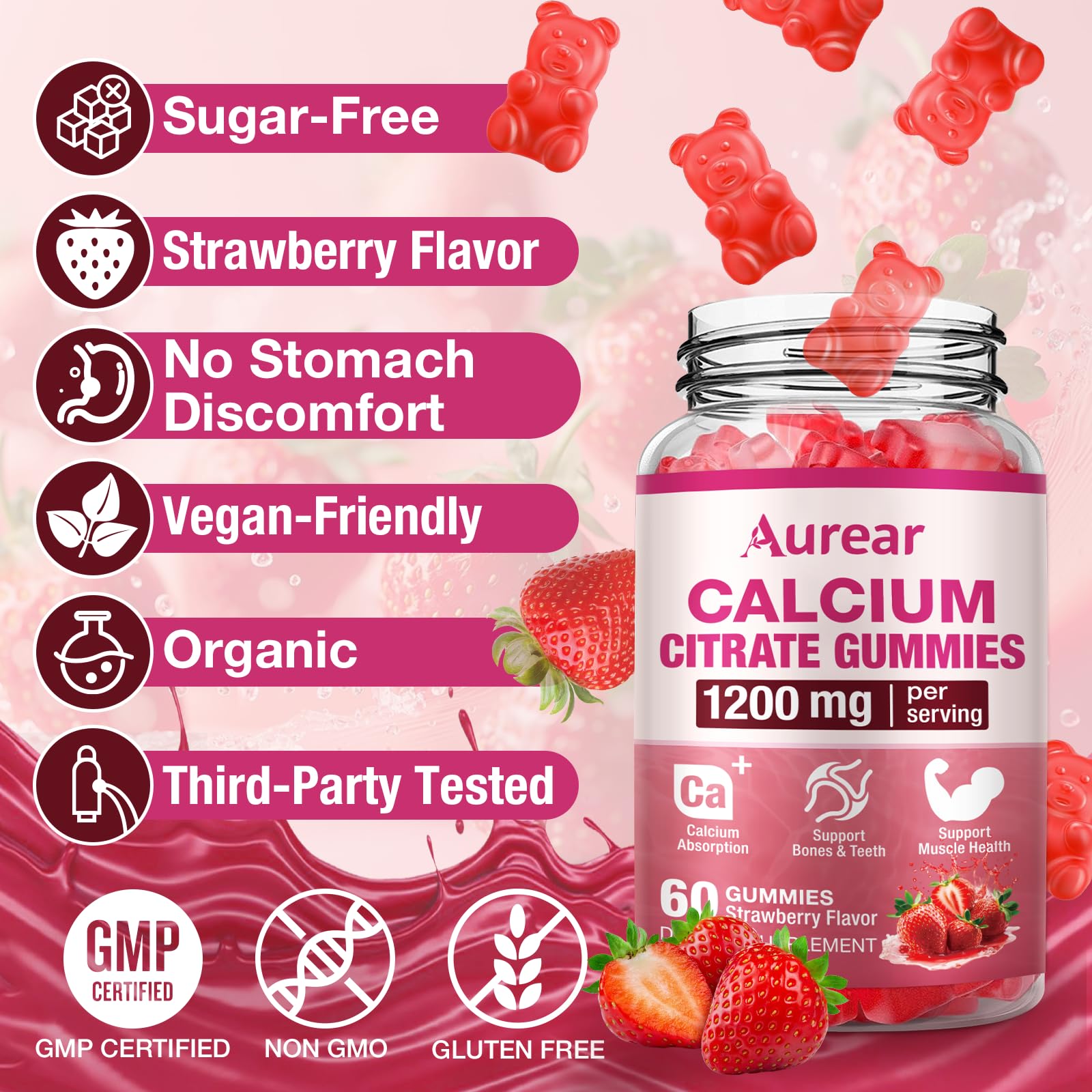 Aurear Calcium Citrate Gummies with a measuring spoon