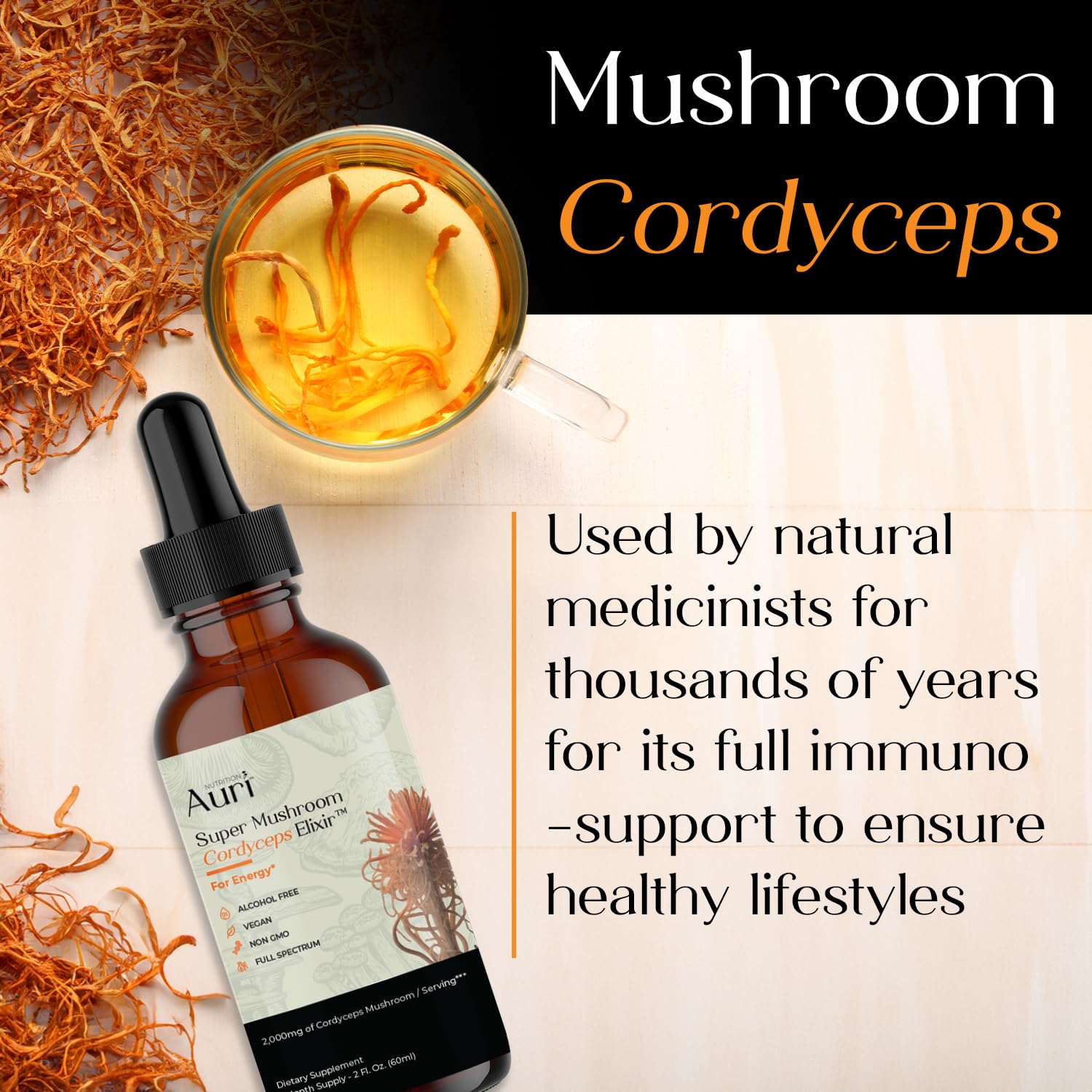 Auri Cordyceps Elixir 2000mg on a wooden table