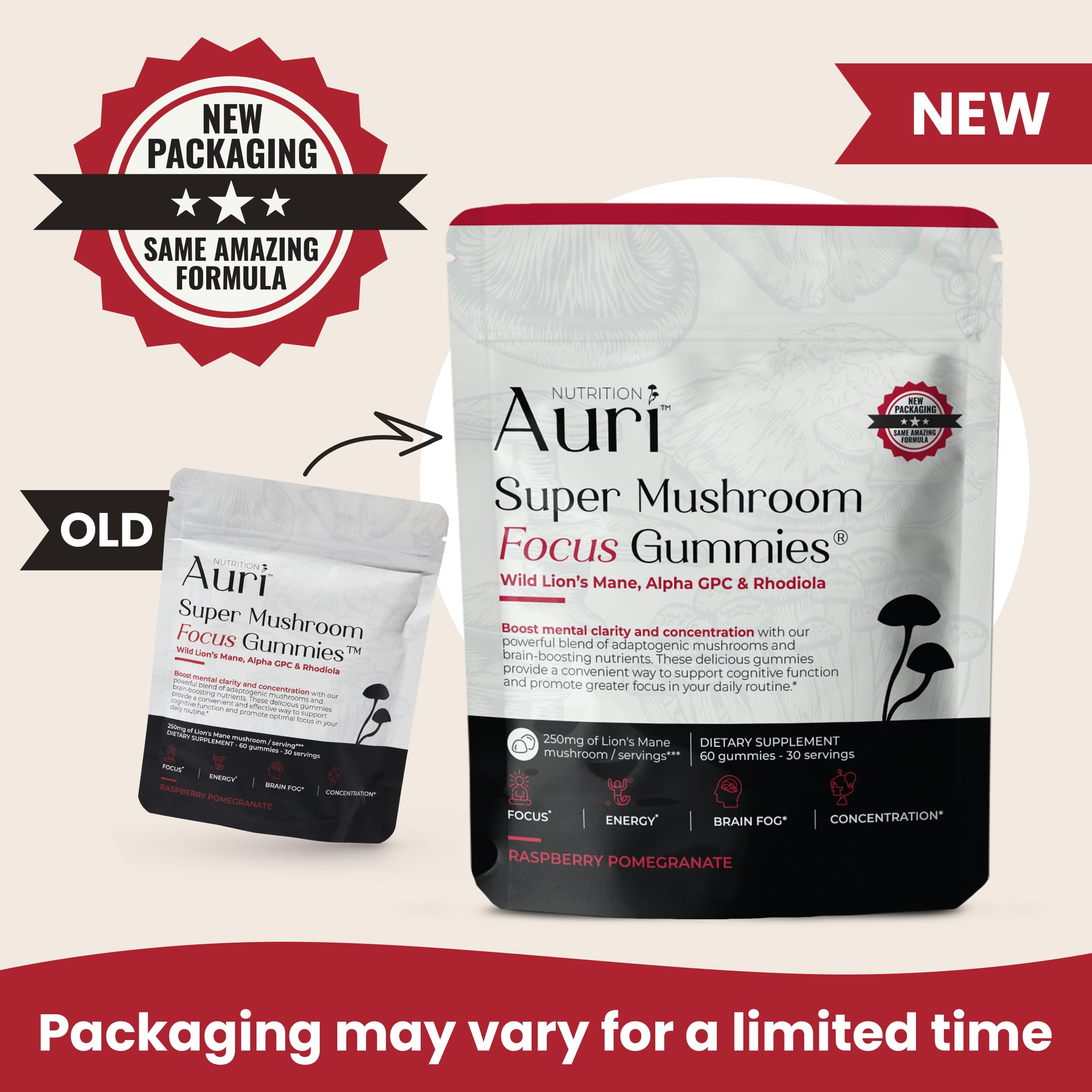 Auri Focus Mushroom Gummies back view showing ingredients