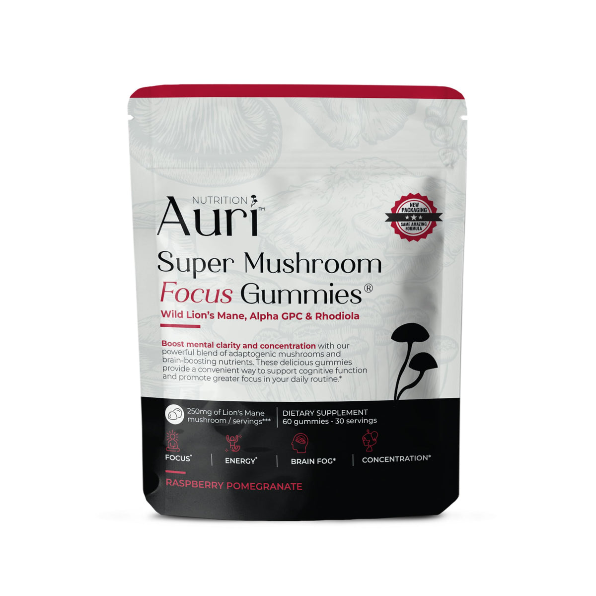 Auri Focus Mushroom Gummies front view with packaging