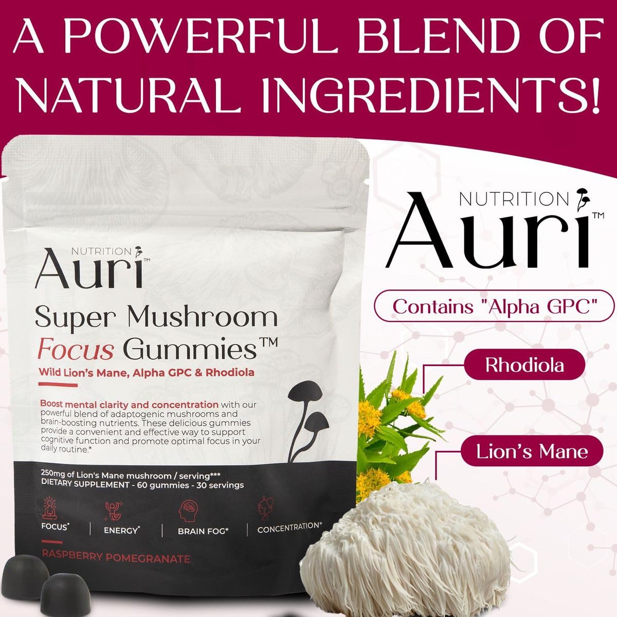 Auri Focus Mushroom Gummies with fresh mushrooms