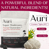 Auri Focus Mushroom Gummies with fresh mushrooms