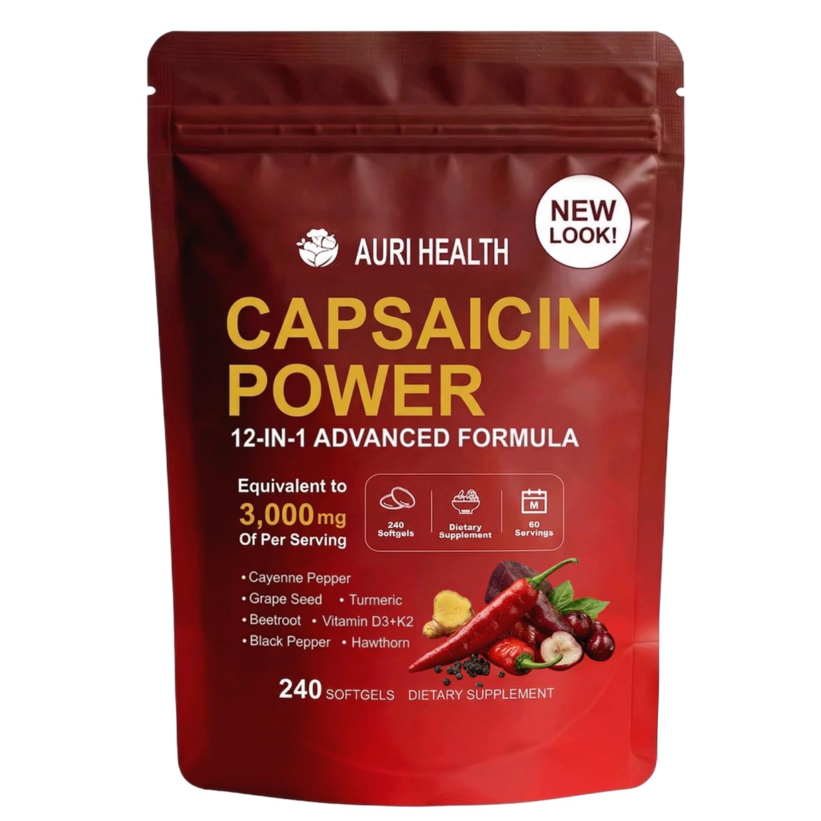Auri Health Cayenne Pepper Capsules 300 softgels front view