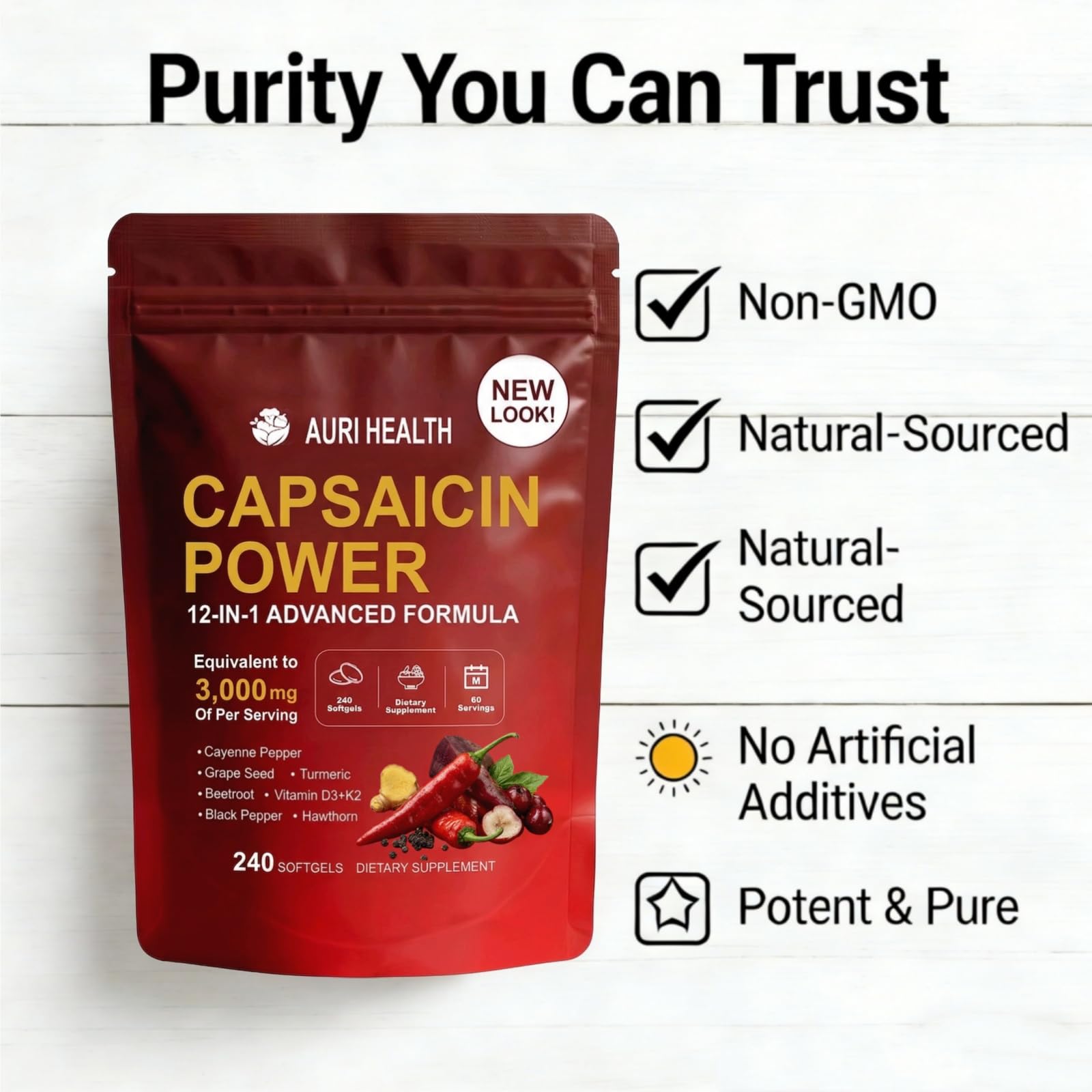 Auri Health Cayenne Pepper Capsules with Vitamin D3 and K2 close-up