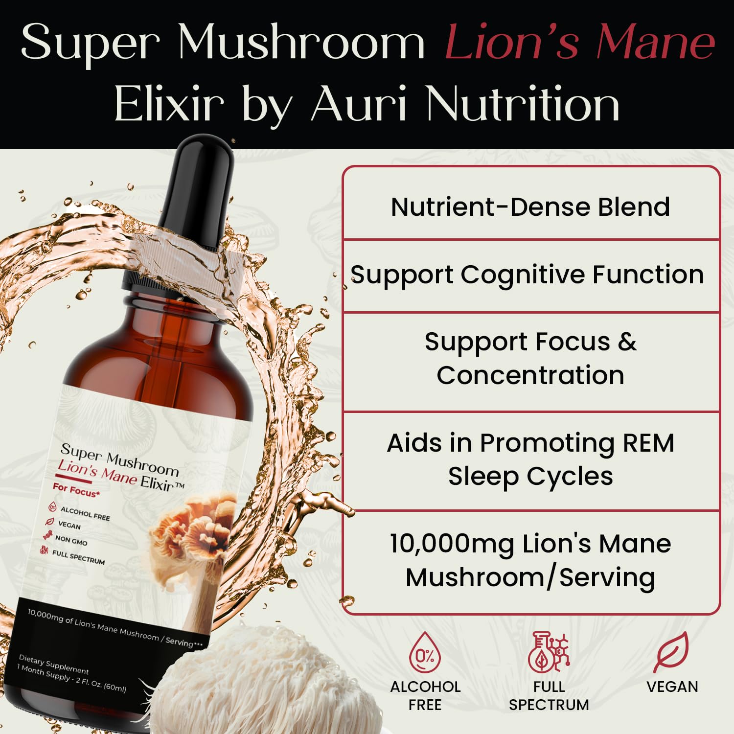 Auri Lion's Mane Mushroom Elixir back view with ingredient list