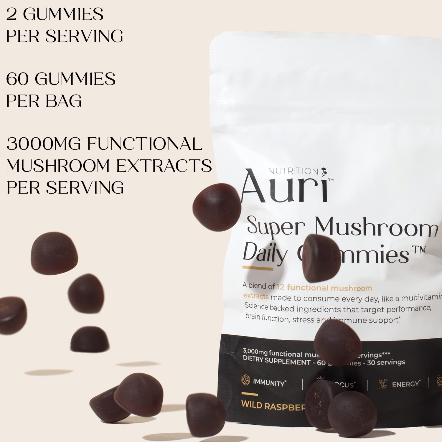 Auri Mushroom Gummies side view with dimensions
