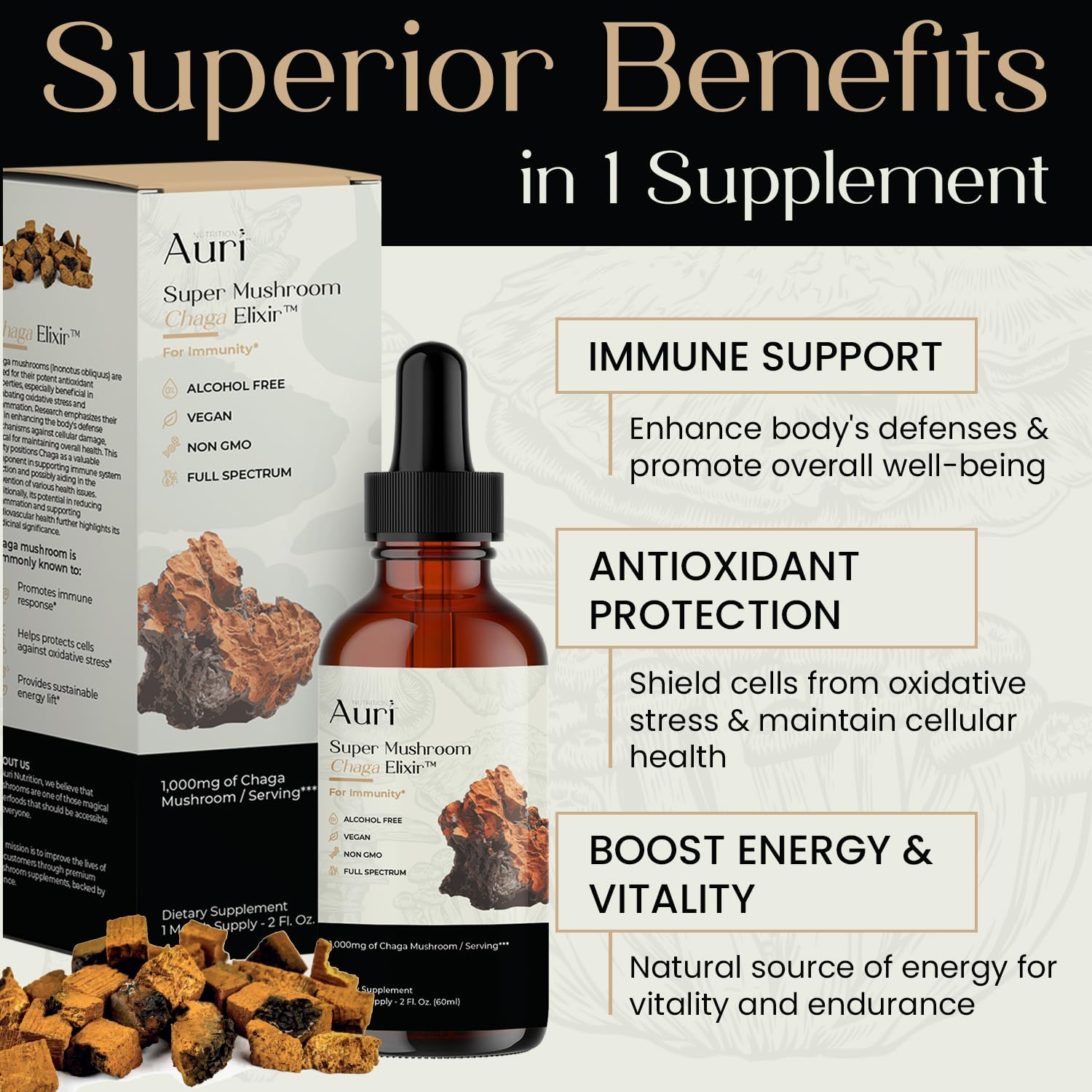 Auri Super Chaga Elixir close-up of the bottle