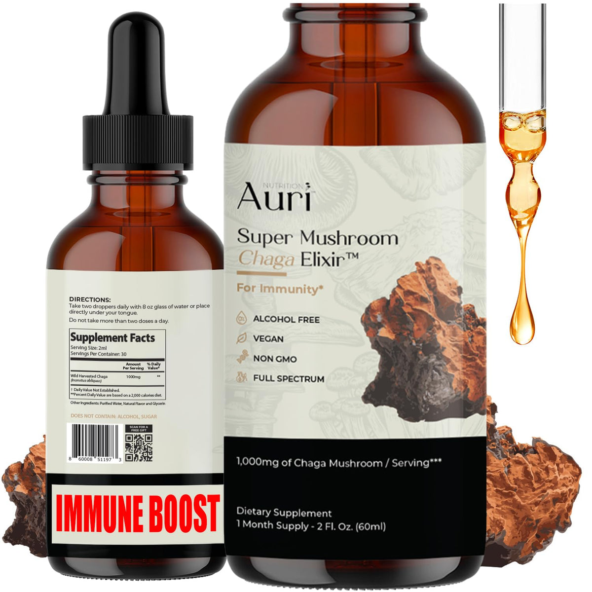 Auri Super Chaga Elixir front view with dropper