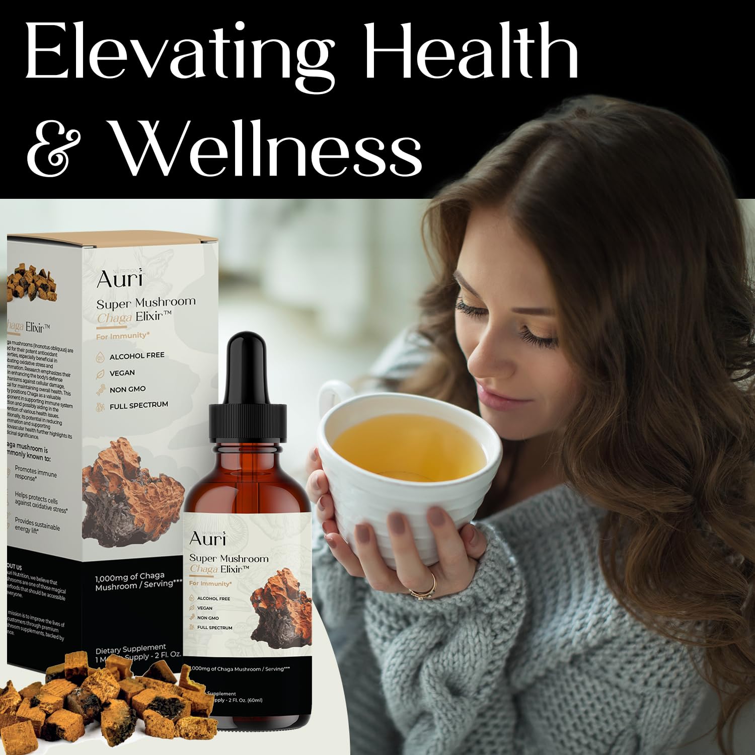 Auri Super Chaga Elixir lifestyle scene with morning routine