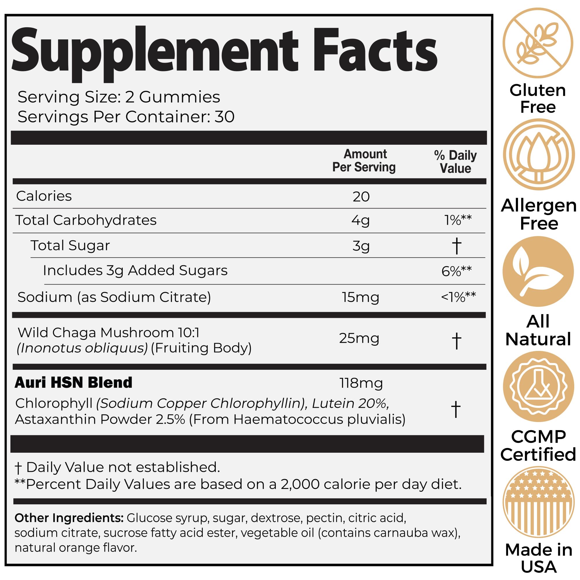 Auri Super Mushroom Gummies back view of packaging