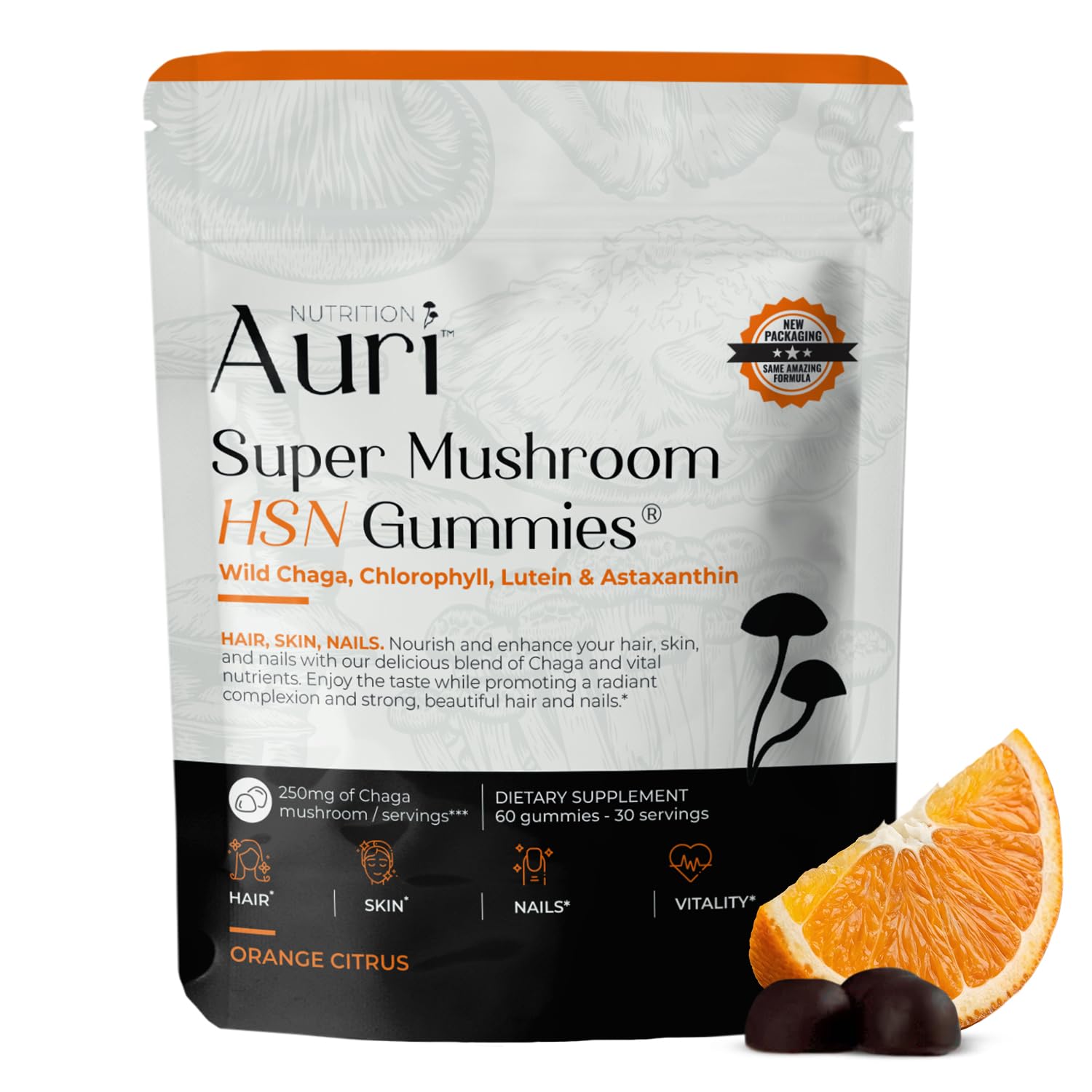Auri Super Mushroom Gummies front view with packaging