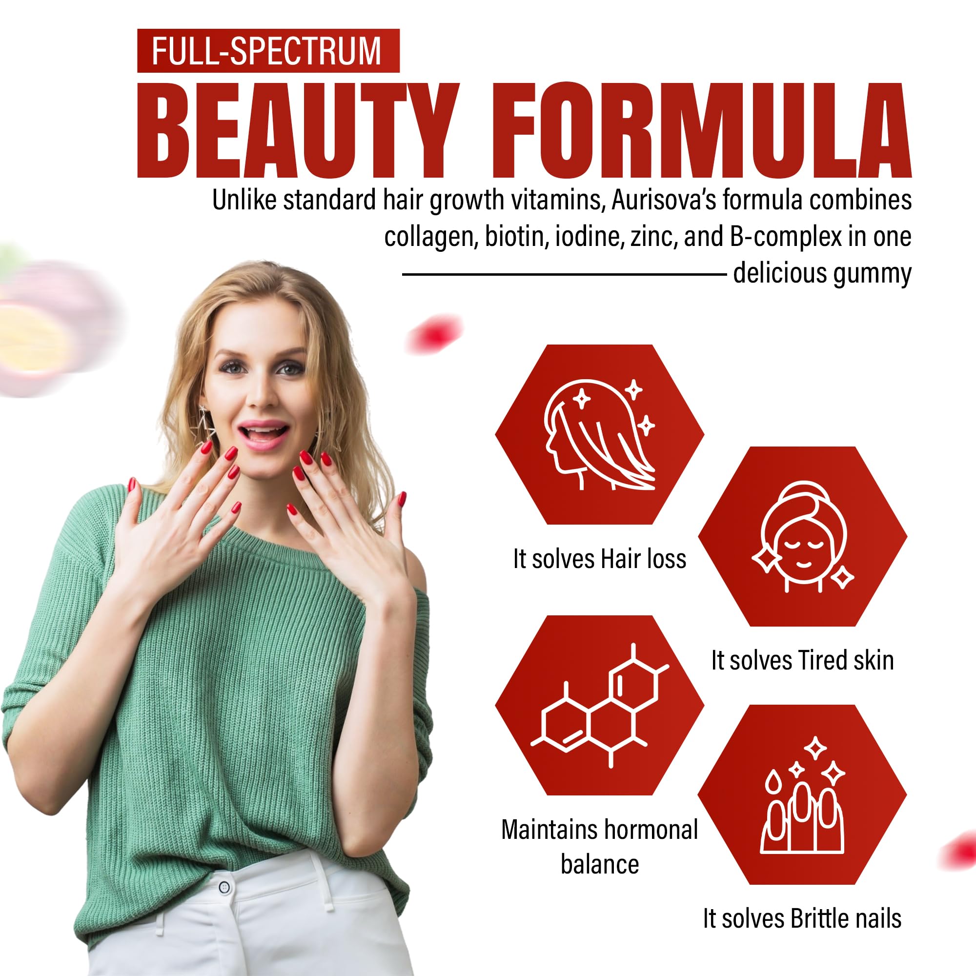 Aurisova Hair Skin Nails Gummies with a measuring spoon