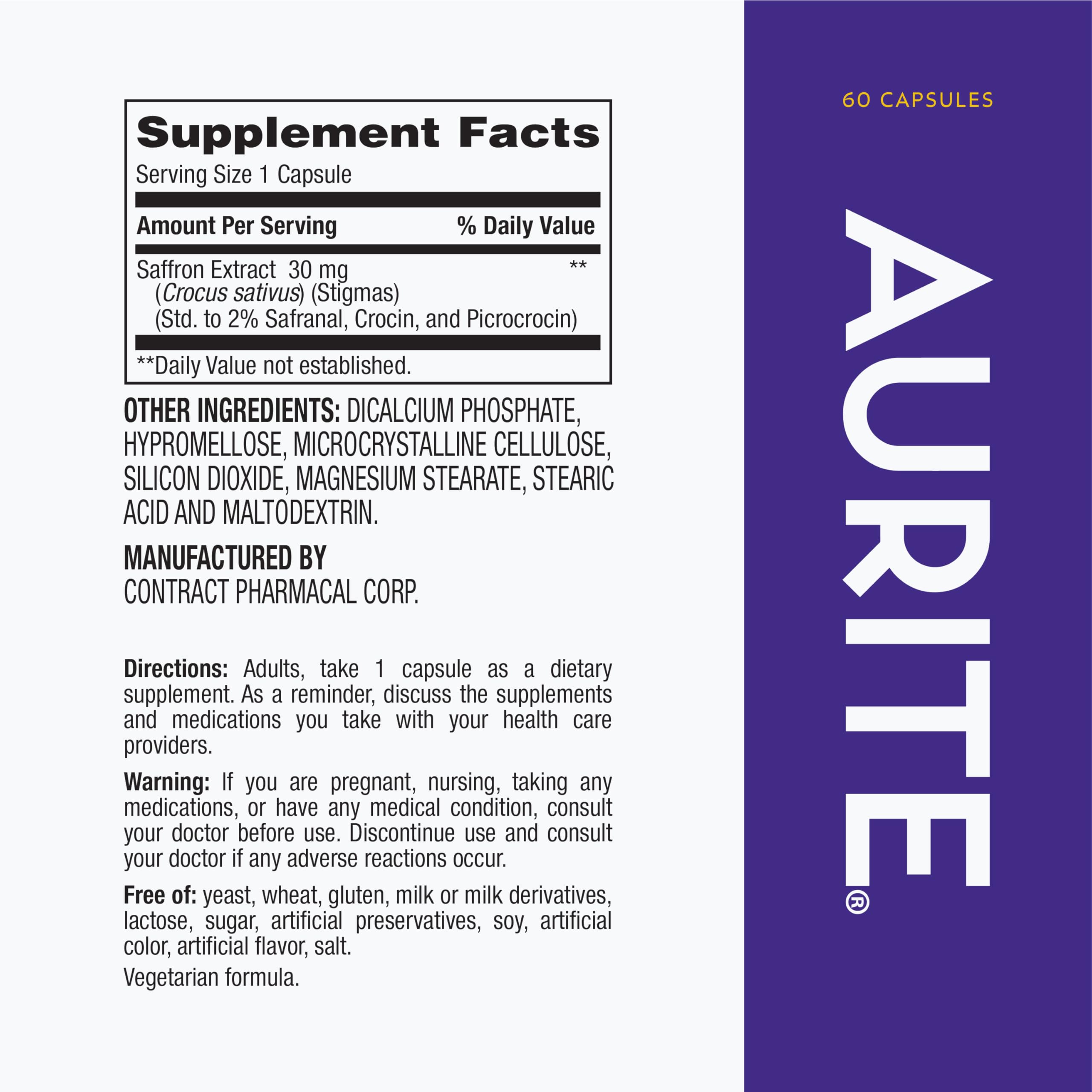 Aurite Saffron Extract 30mg Capsules side view with label
