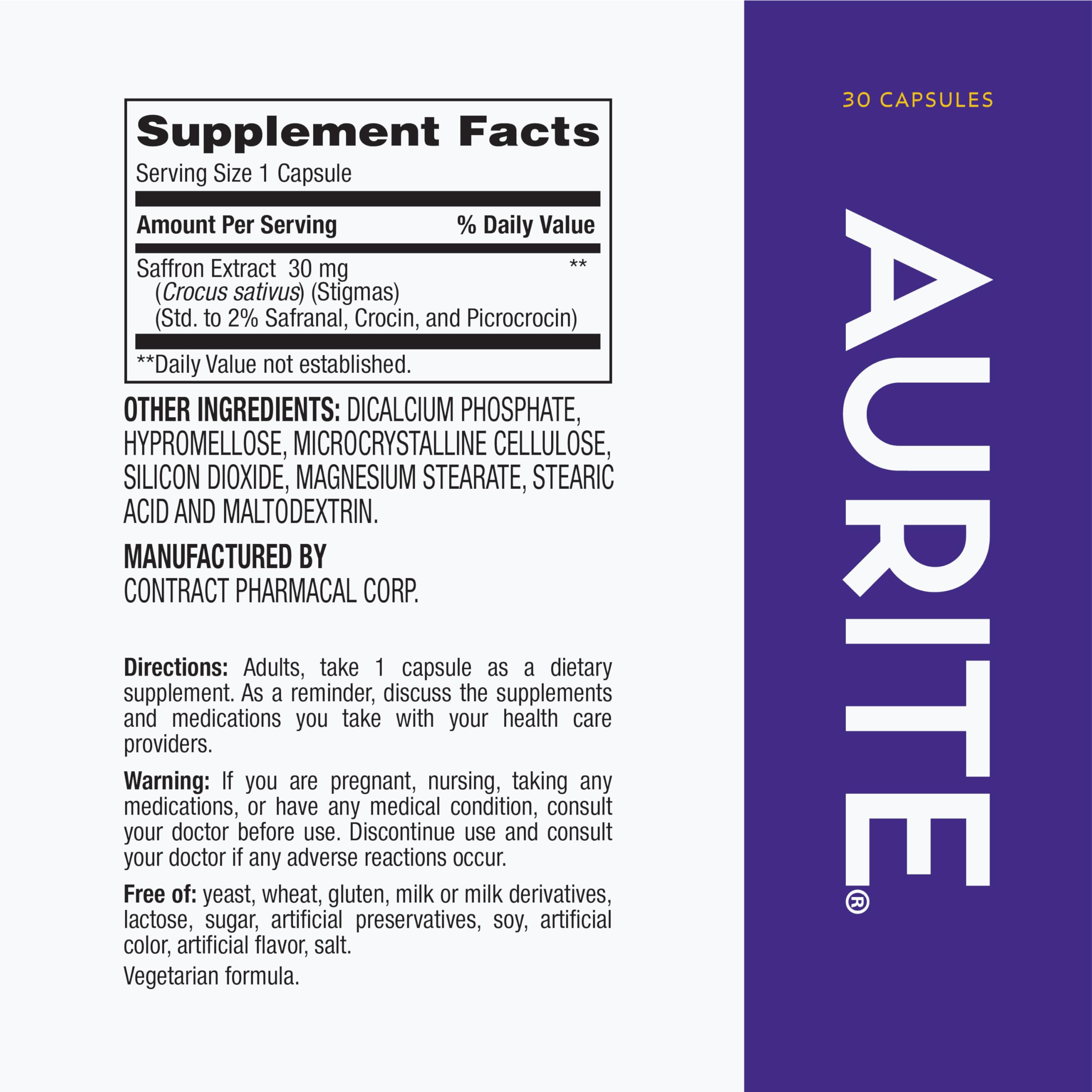 Aurite Saffron Supplement 30mg capsules close-up