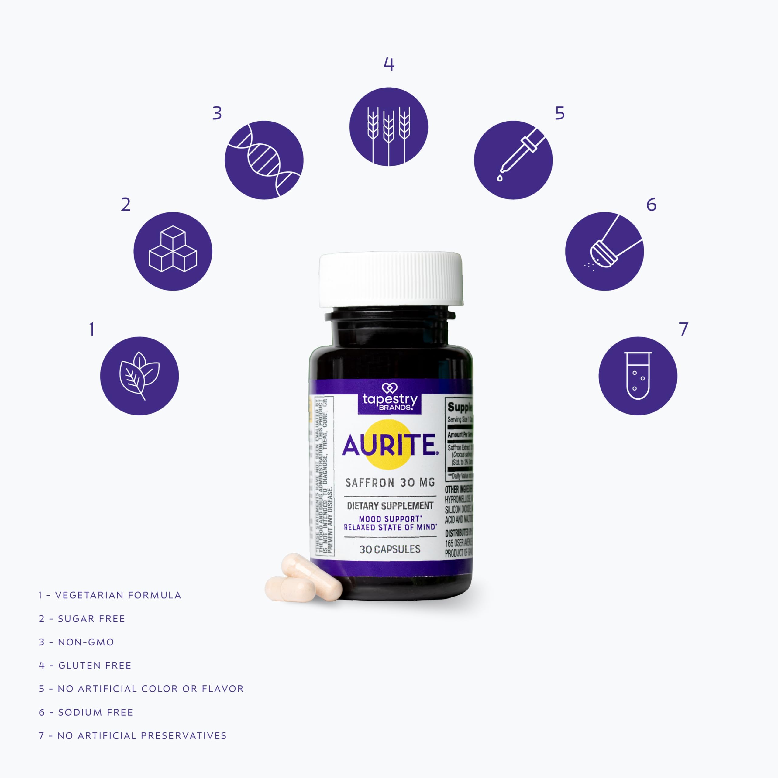 Aurite Saffron Supplement 30mg capsules on a wooden surface