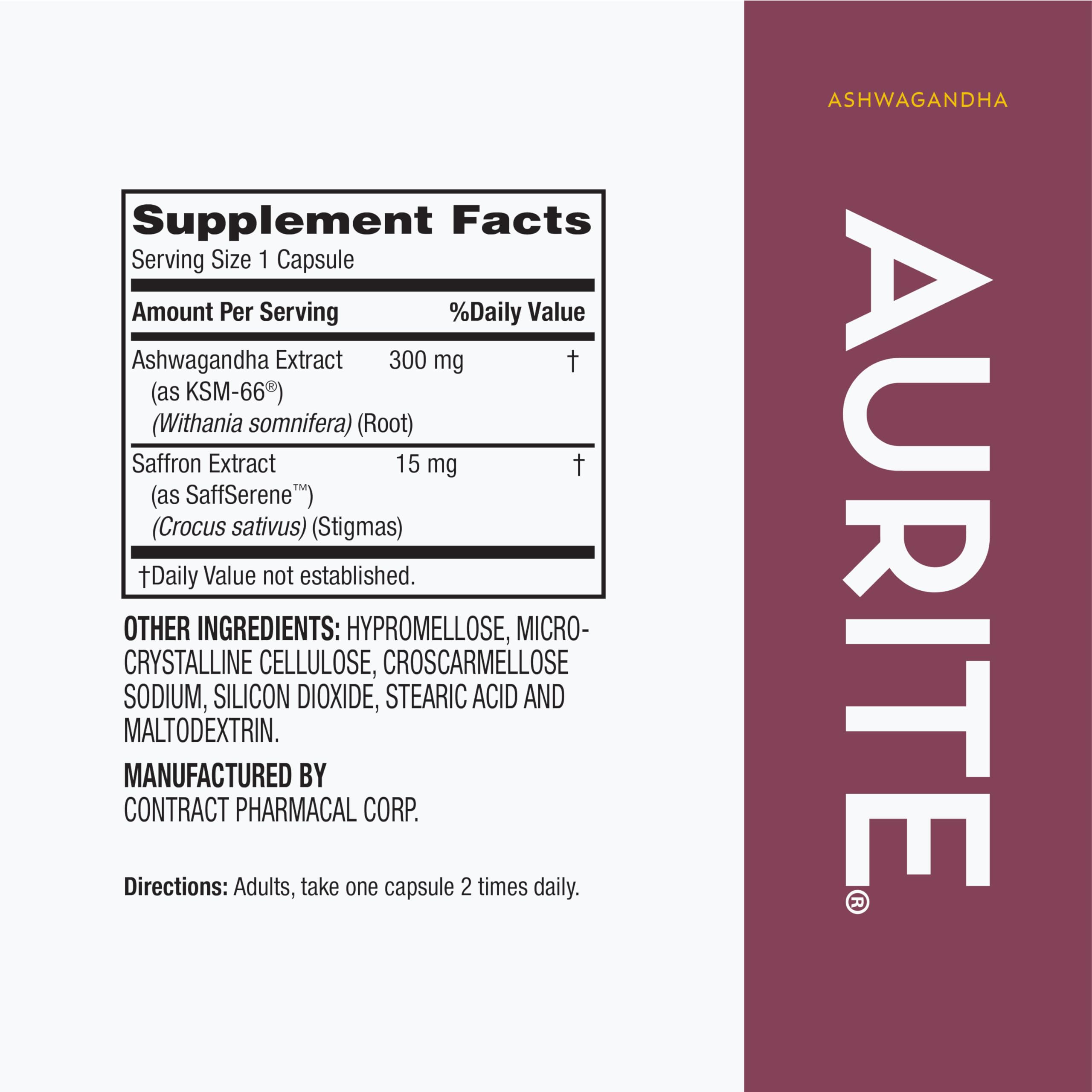 Aurite Saffron with Ashwagandha 30mg side view of bottle