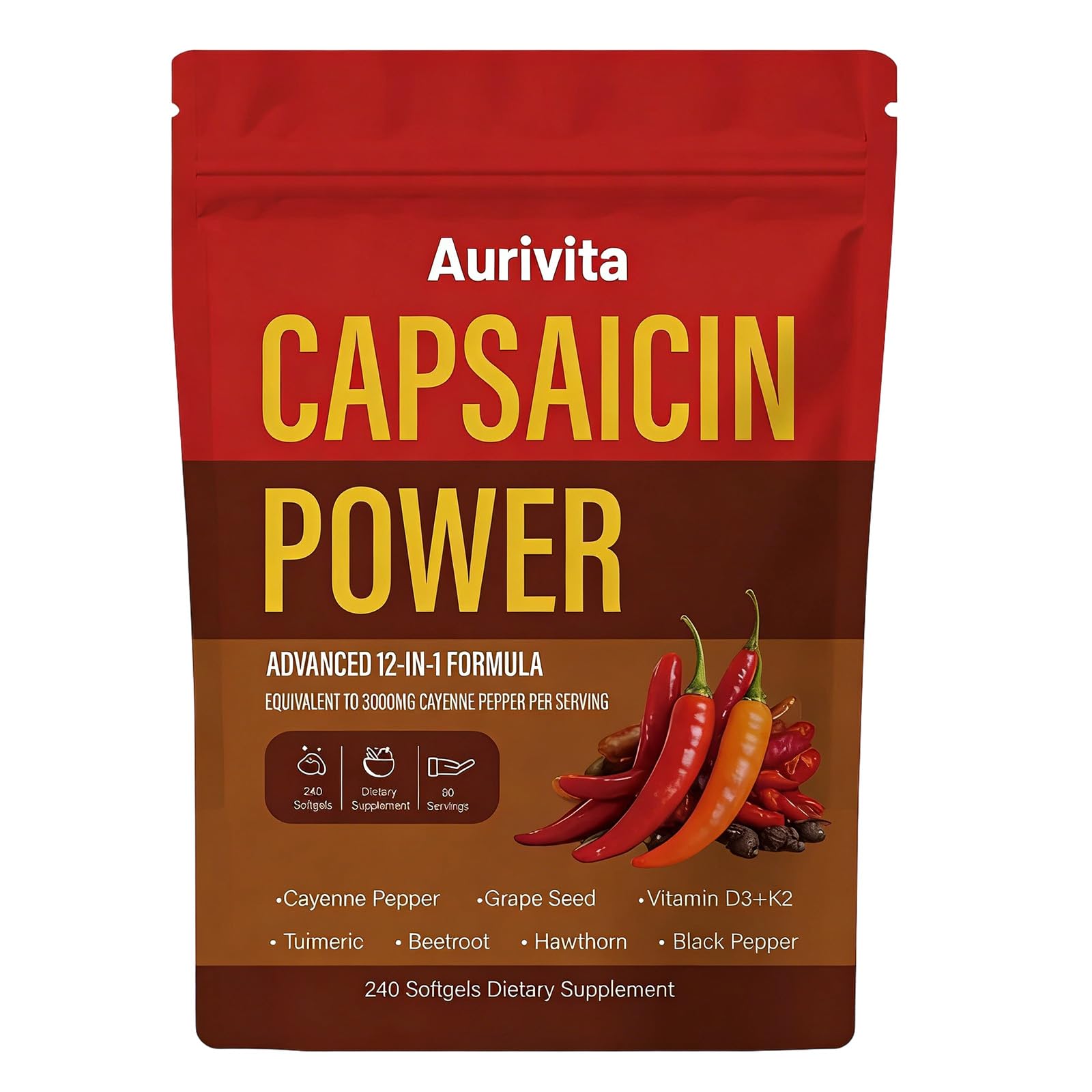 Aurivita Cayenne Pepper Softgels bottle front view with 240 count