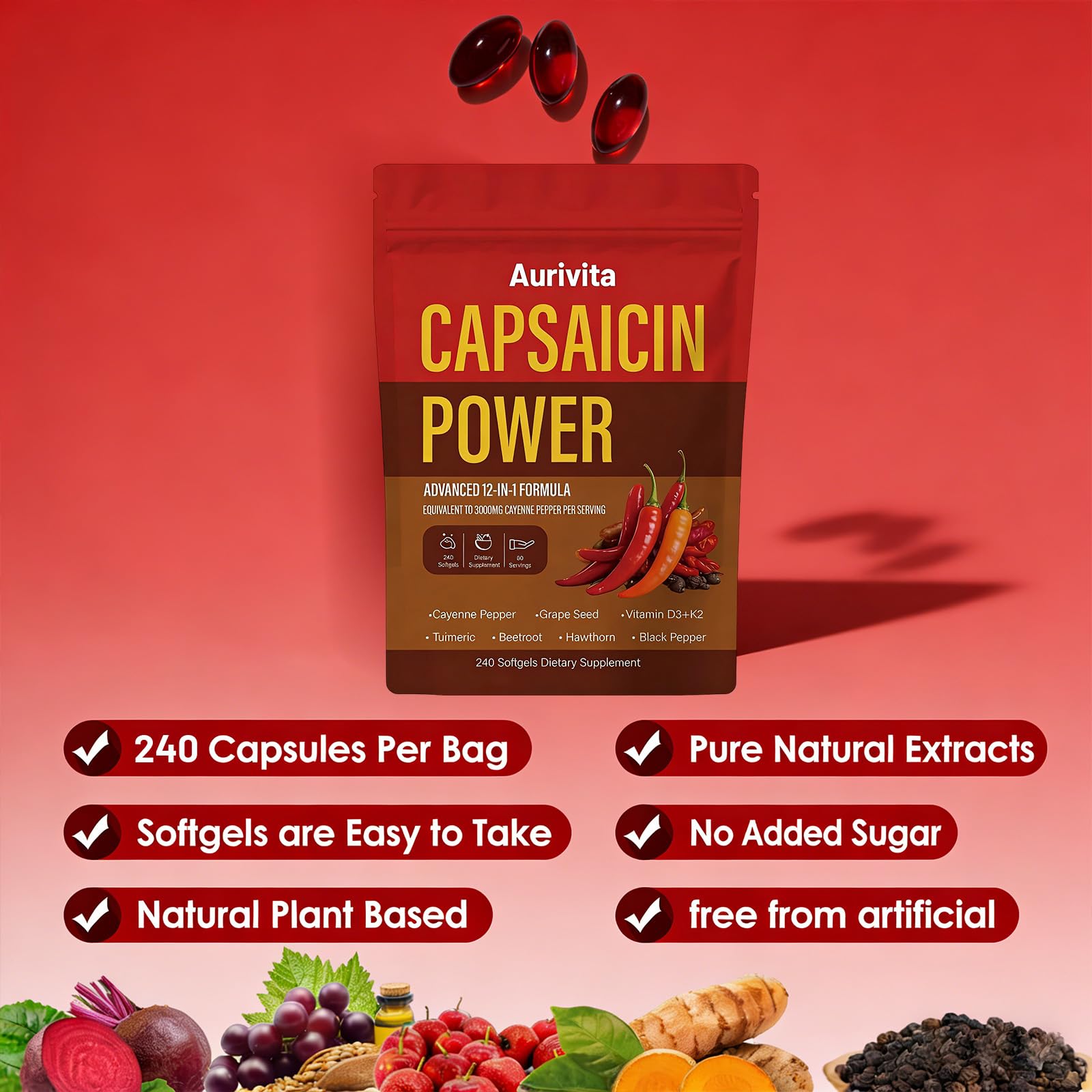 Aurivita Cayenne Pepper Softgels bottle on a kitchen counter