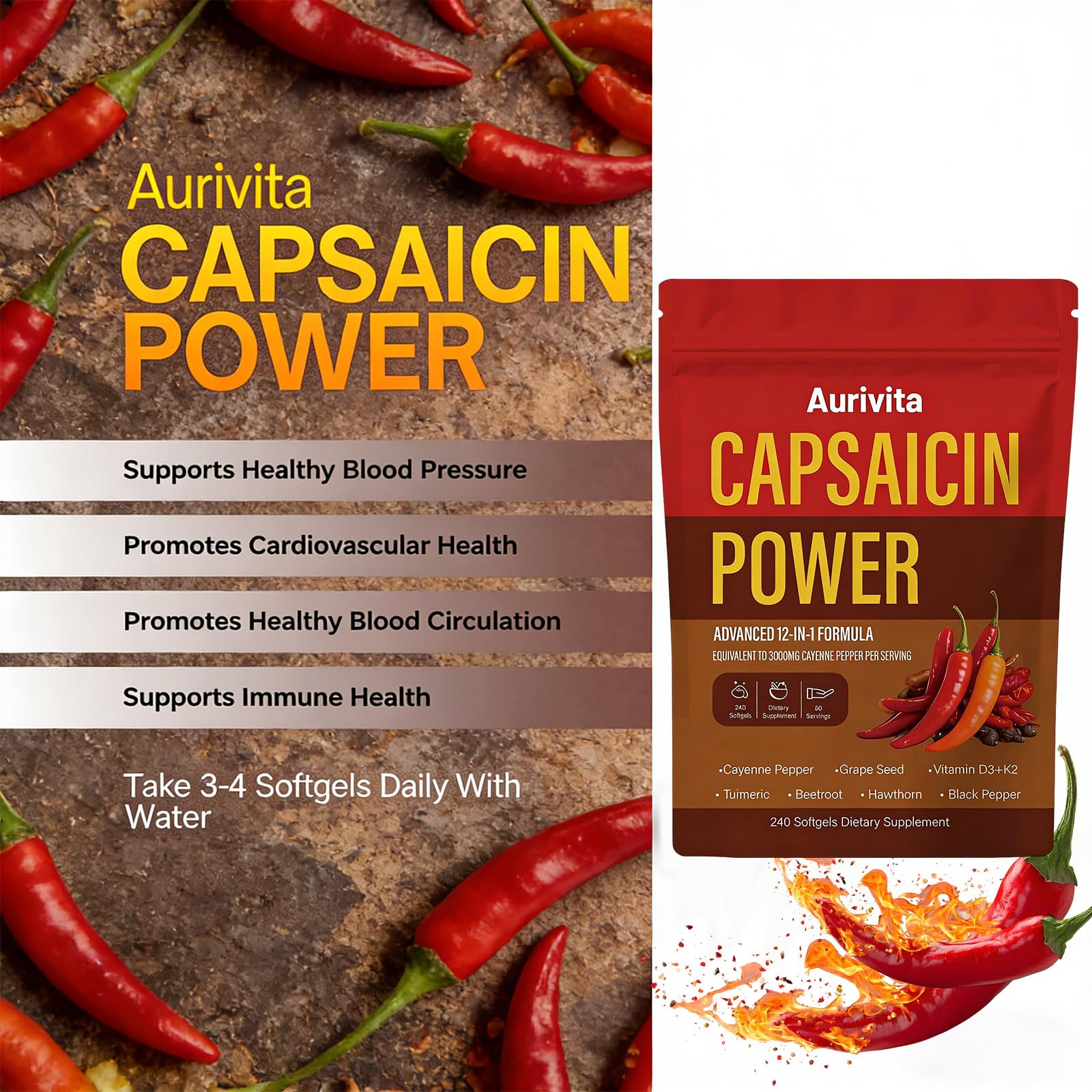 Aurivita Cayenne Pepper Softgels side view with ingredients listed